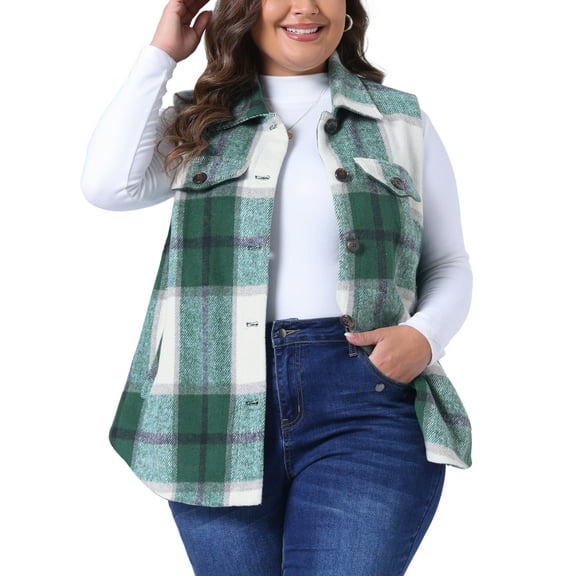 DARING DIVA Women's Plus Size Plaid Coat Slash Pocket Sleeveless Vest 4X Green