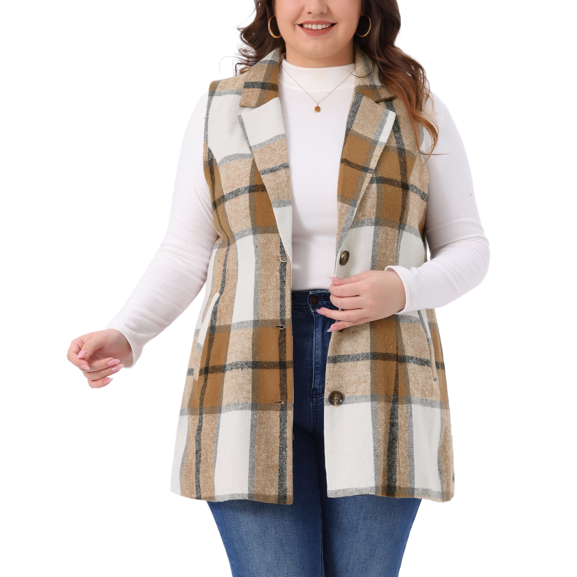 DARING DIVA Women's Plus Size Plaid Curvy Notched Lapel Vest 2X Brown