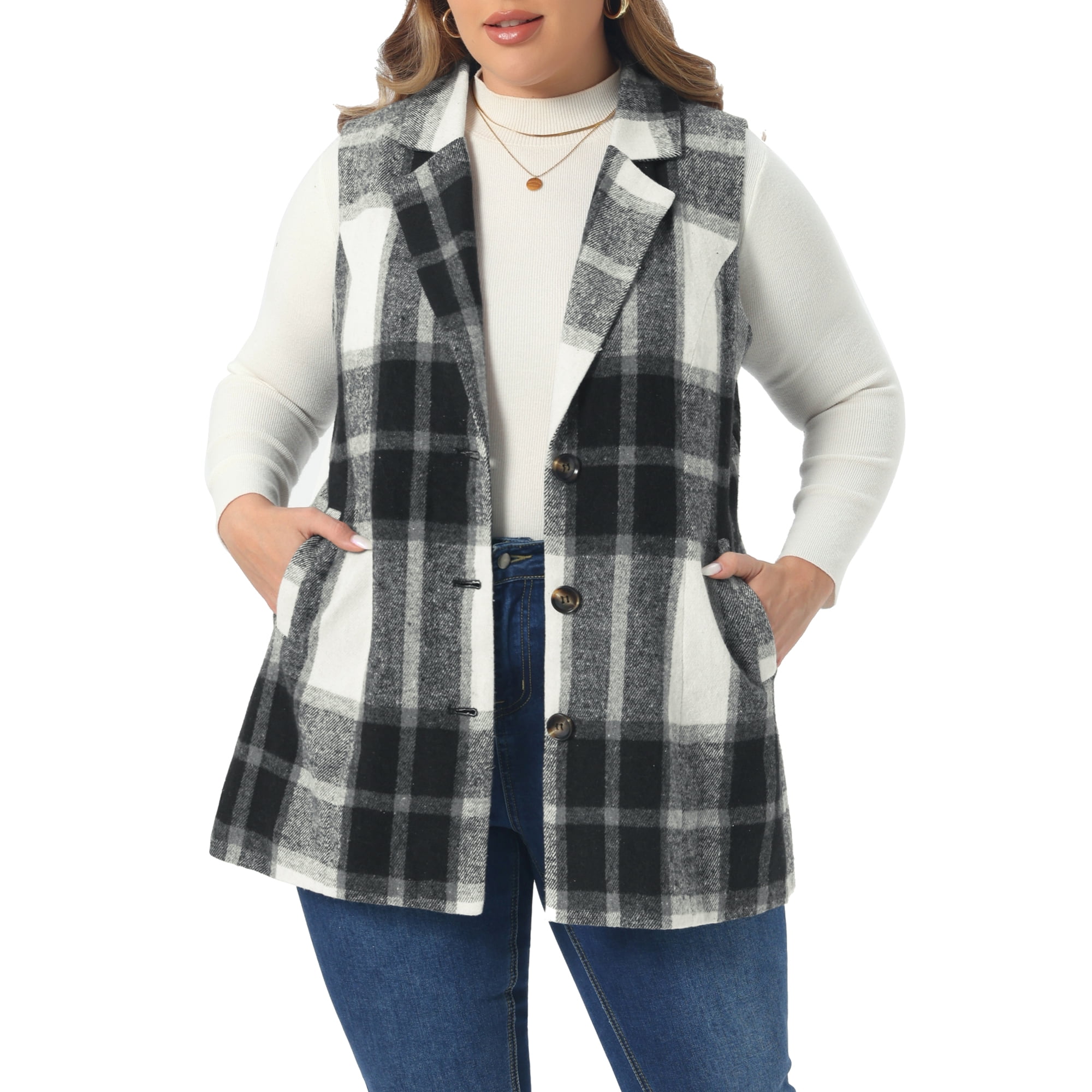 DARING DIVA Women's Plus Size Plaid Curvy Notched Lapel Vest 4X Black