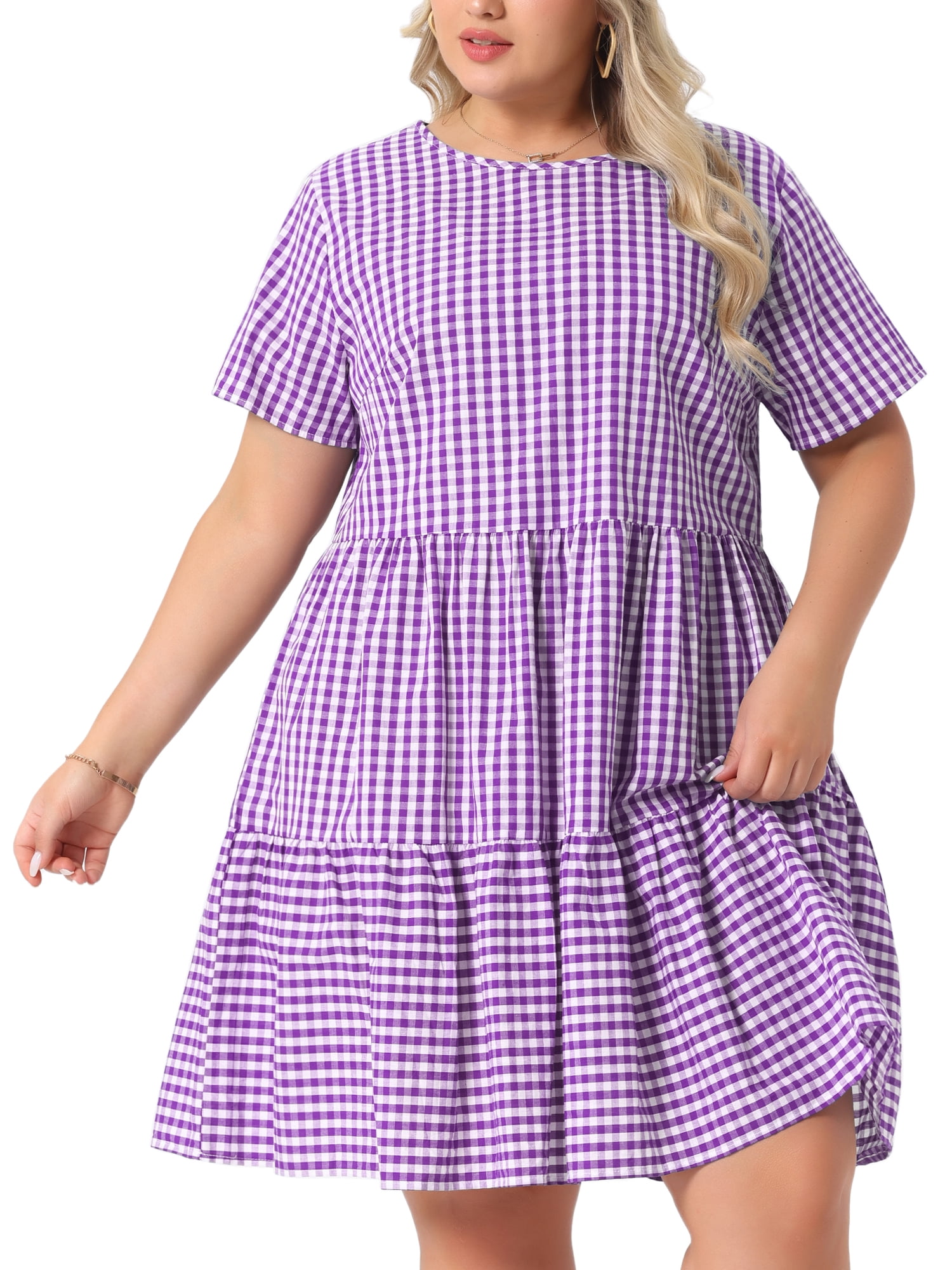 DARING DIVA Women's Plus Size Plaid Round Neck Short Sleeve Midi Dress 2X Purple