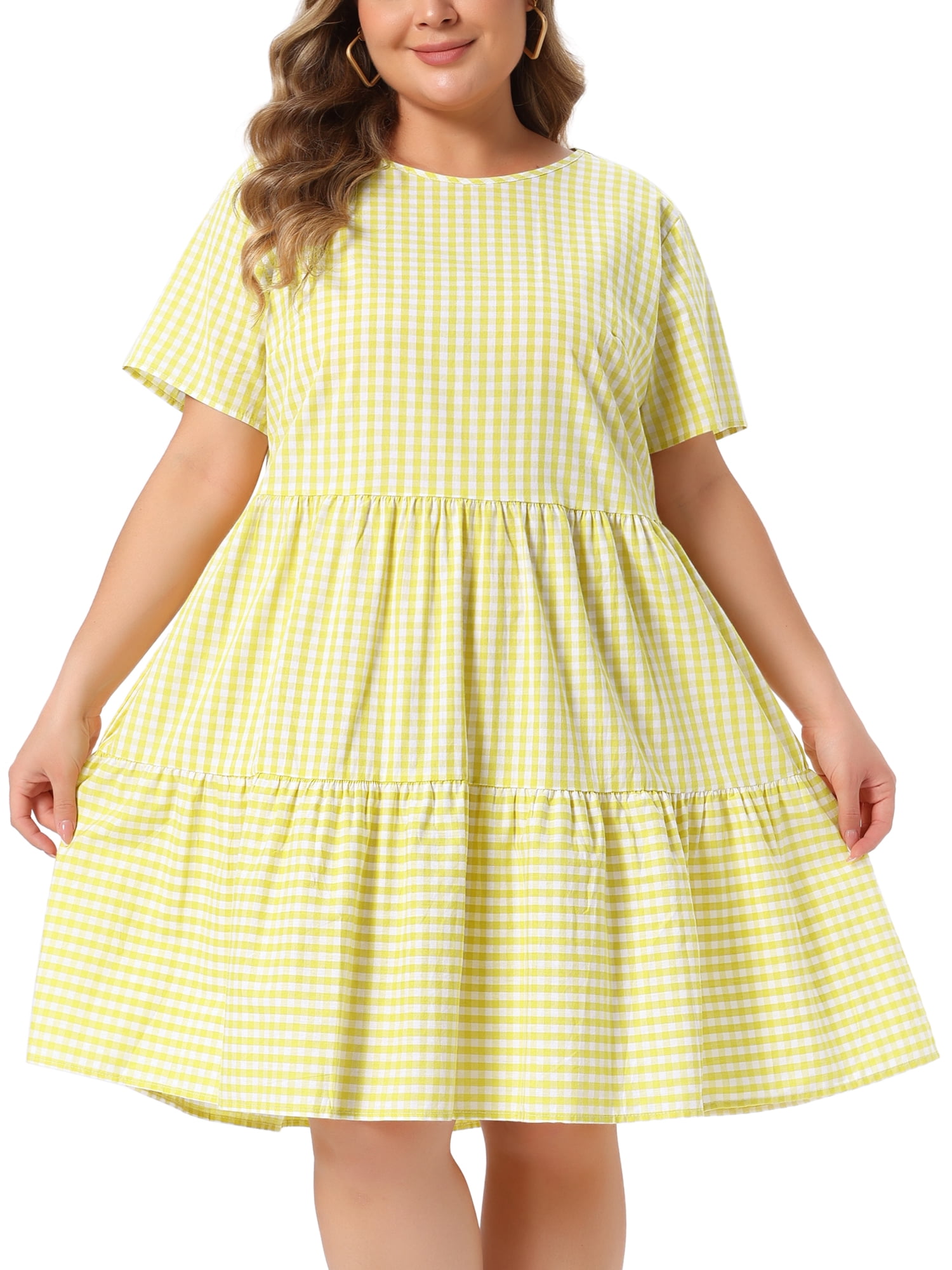 DARING DIVA Women's Plus Size Plaid Round Neck Short Sleeve Midi Dress 3X Yellow
