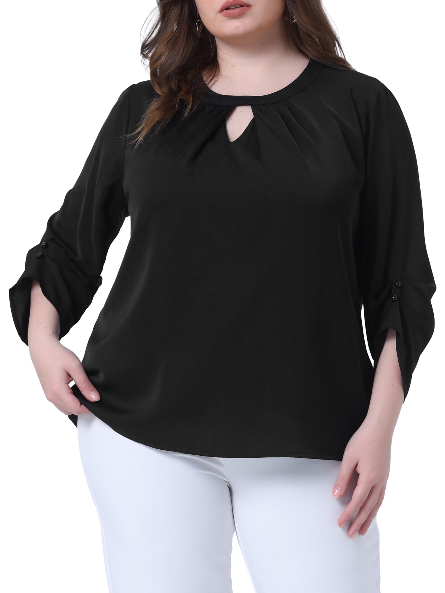 DARING DIVA Women's Plus Size Pleated Crew Neck Keyhole Tops 2X Black