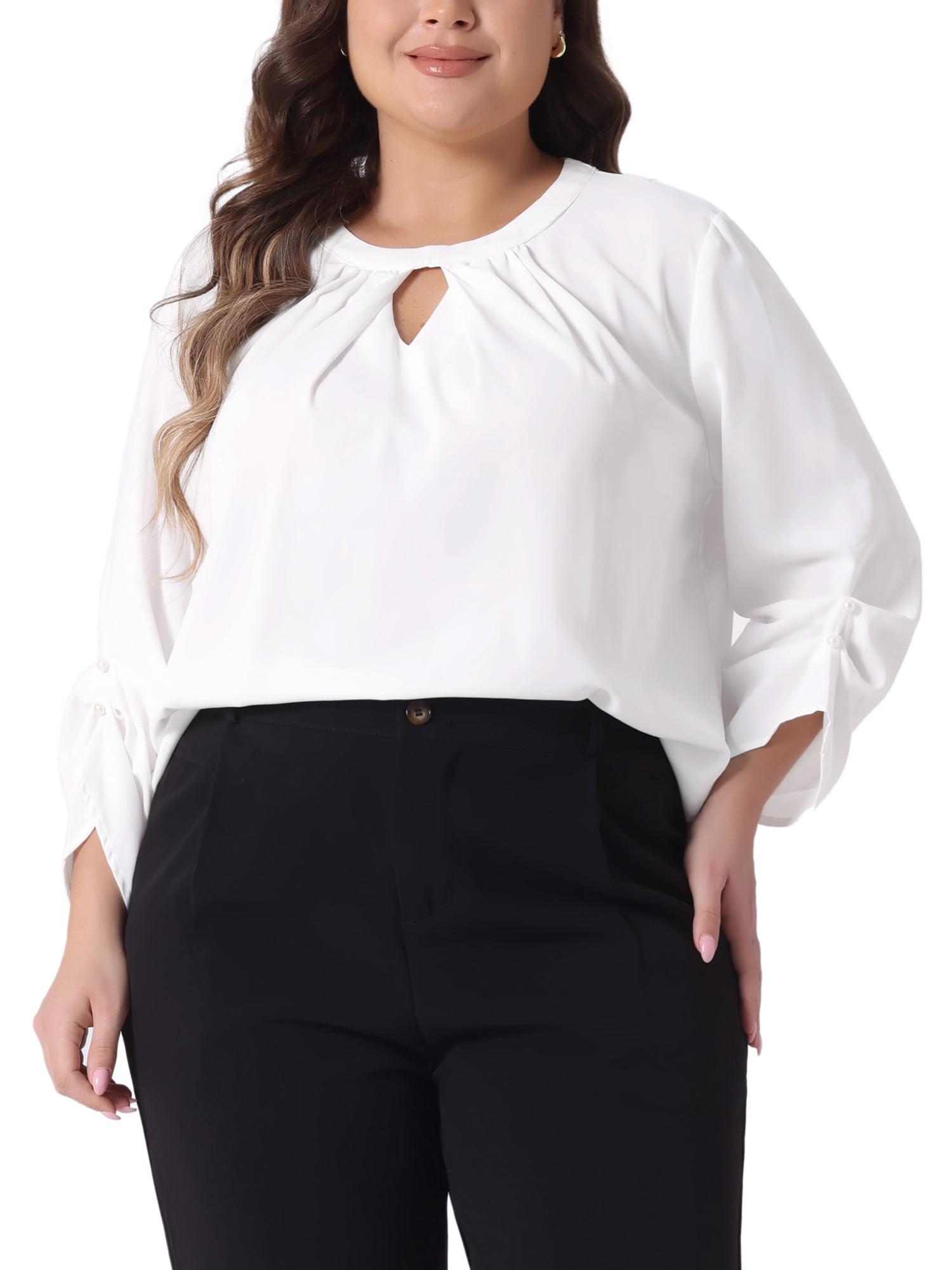 DARING DIVA Women' Plus Size Pleated Crew Neck Keyhole Tops 3X White