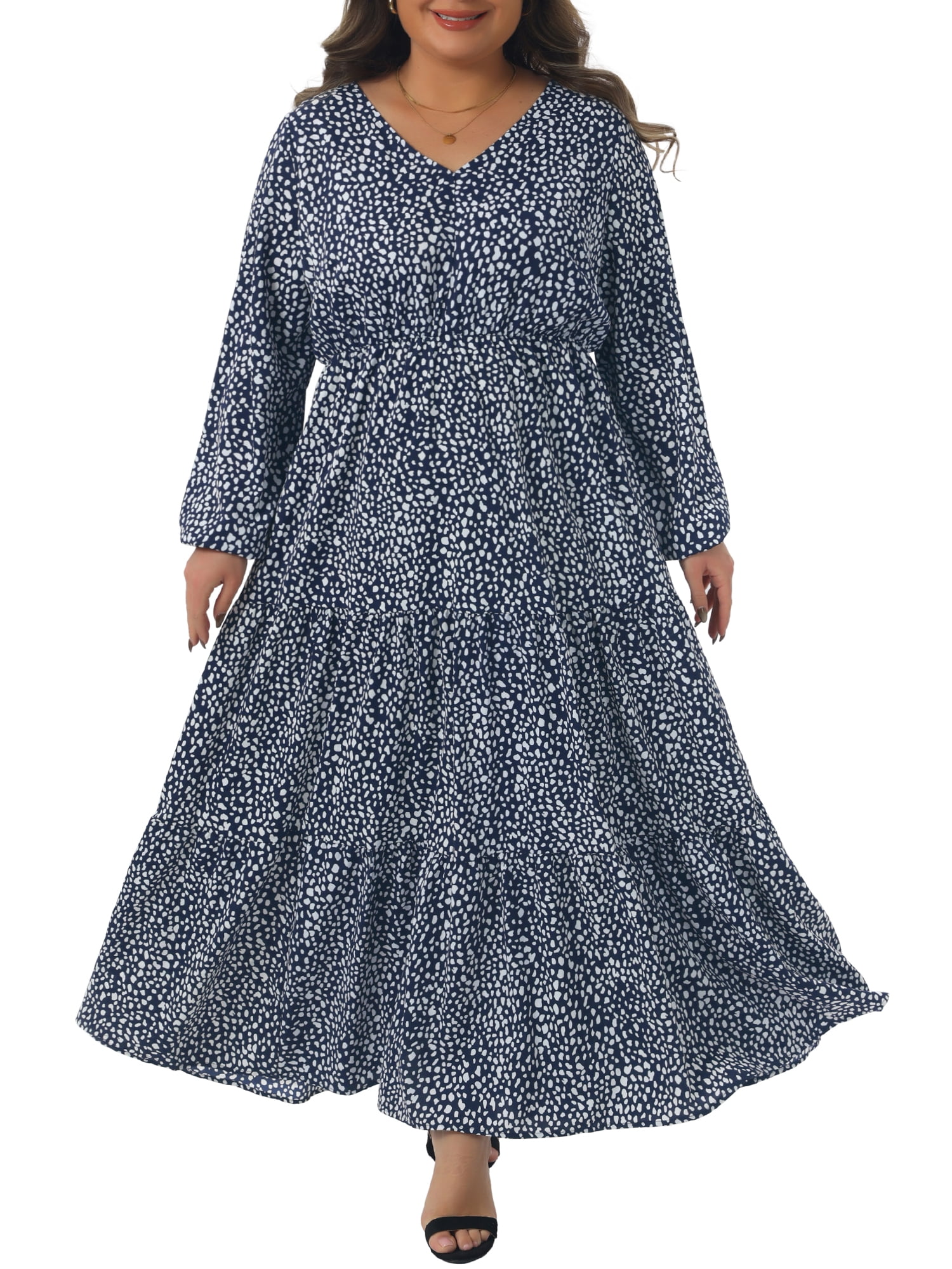 DARING DIVA Women's Plus Size Polka Dots Long Maxi Lantern Sleeve Dress 4X Navy Blue