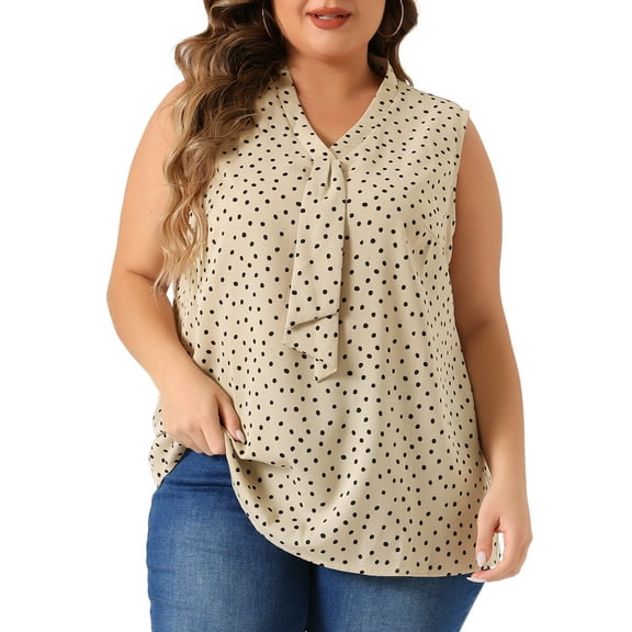 DARING DIVA Women's Plus Size Polka Dots Sleeveless Tie Neck Blouse 3X Light Khaki