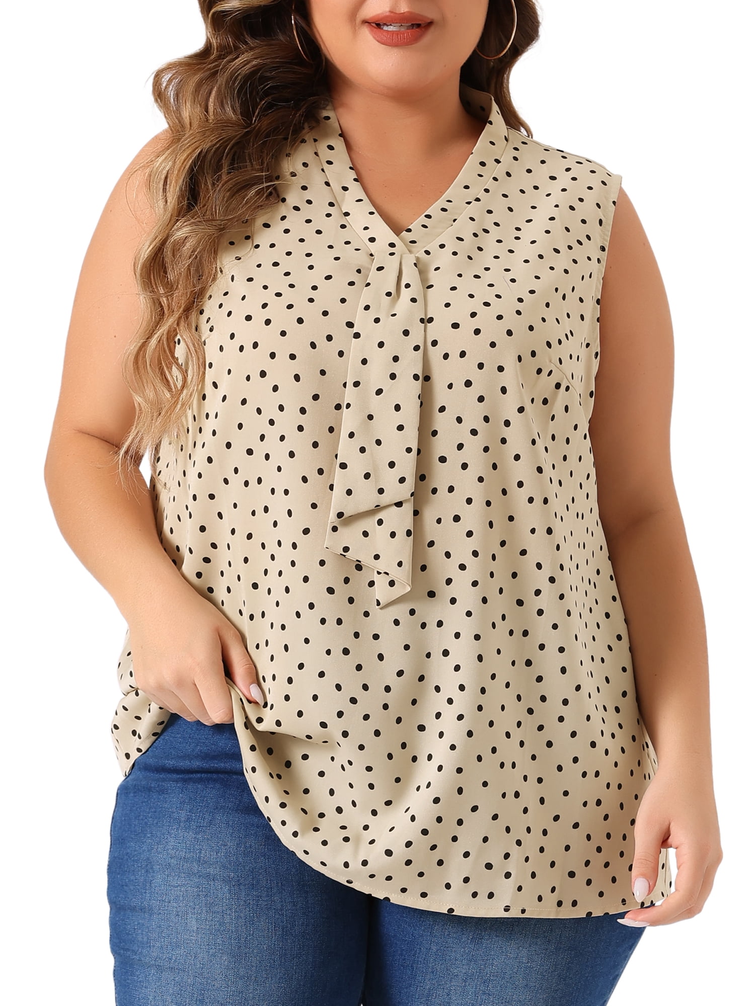 DARING DIVA Women's Plus Size Polka Dots V Neck Tie Neck Sleeveless Blouses 4X Light Khaki