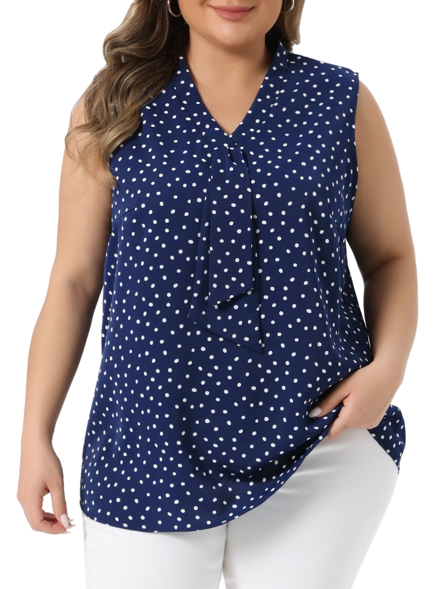 DARING DIVA Women's Plus Size Polka Dots V Neck Tie Neck Sleeveless Blouses 4X Dark Blue