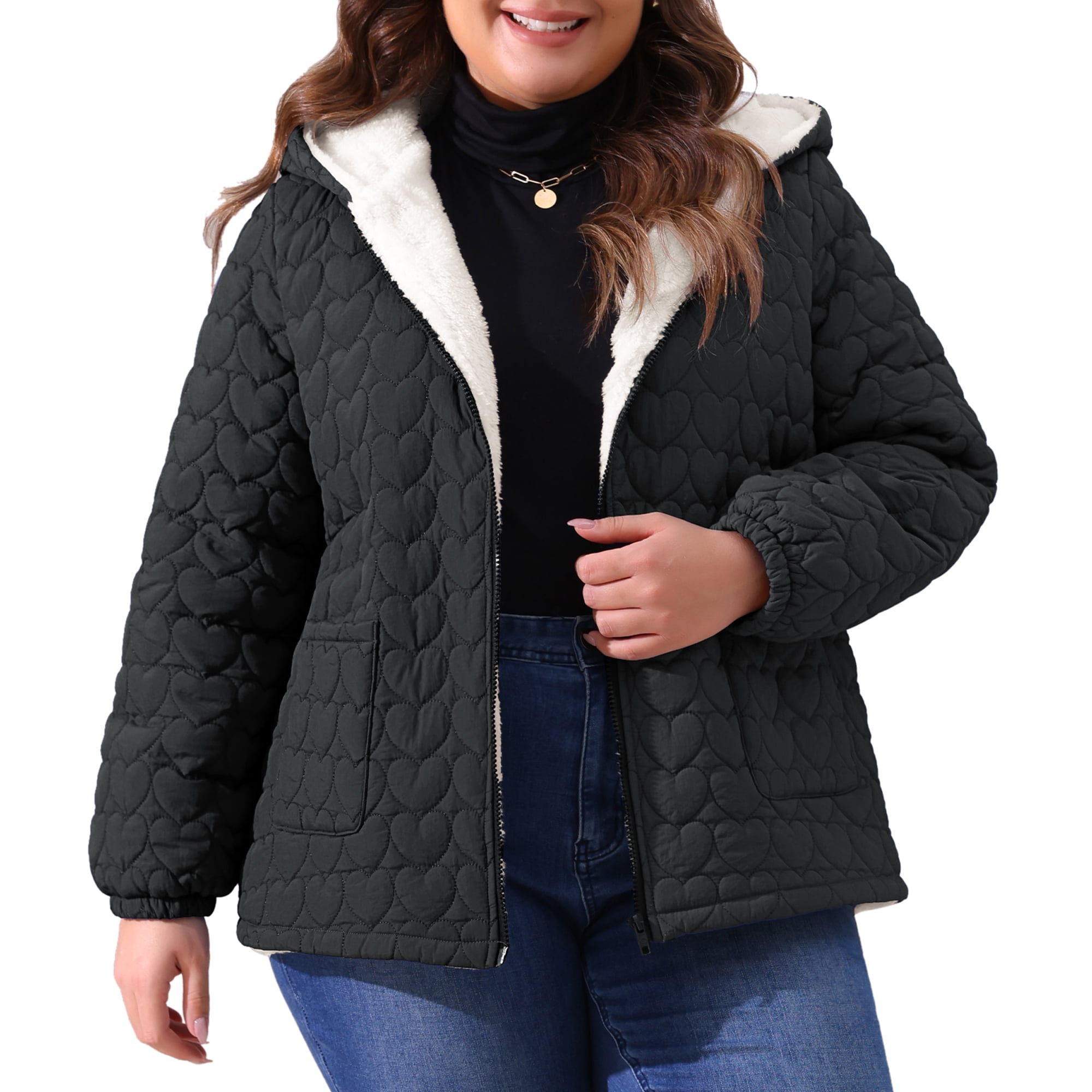 DARING DIVA Women's Plus Size Puffer Coat with Hood and Pockets 1X Black