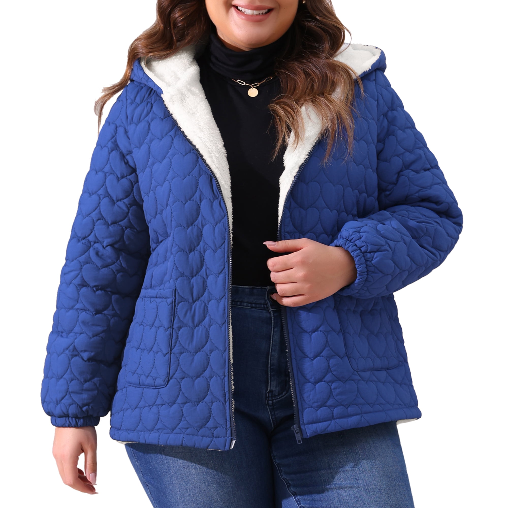 DARING DIVA Women's Plus Size Puffer Coat with Hood and Pockets 2X Royal Blue