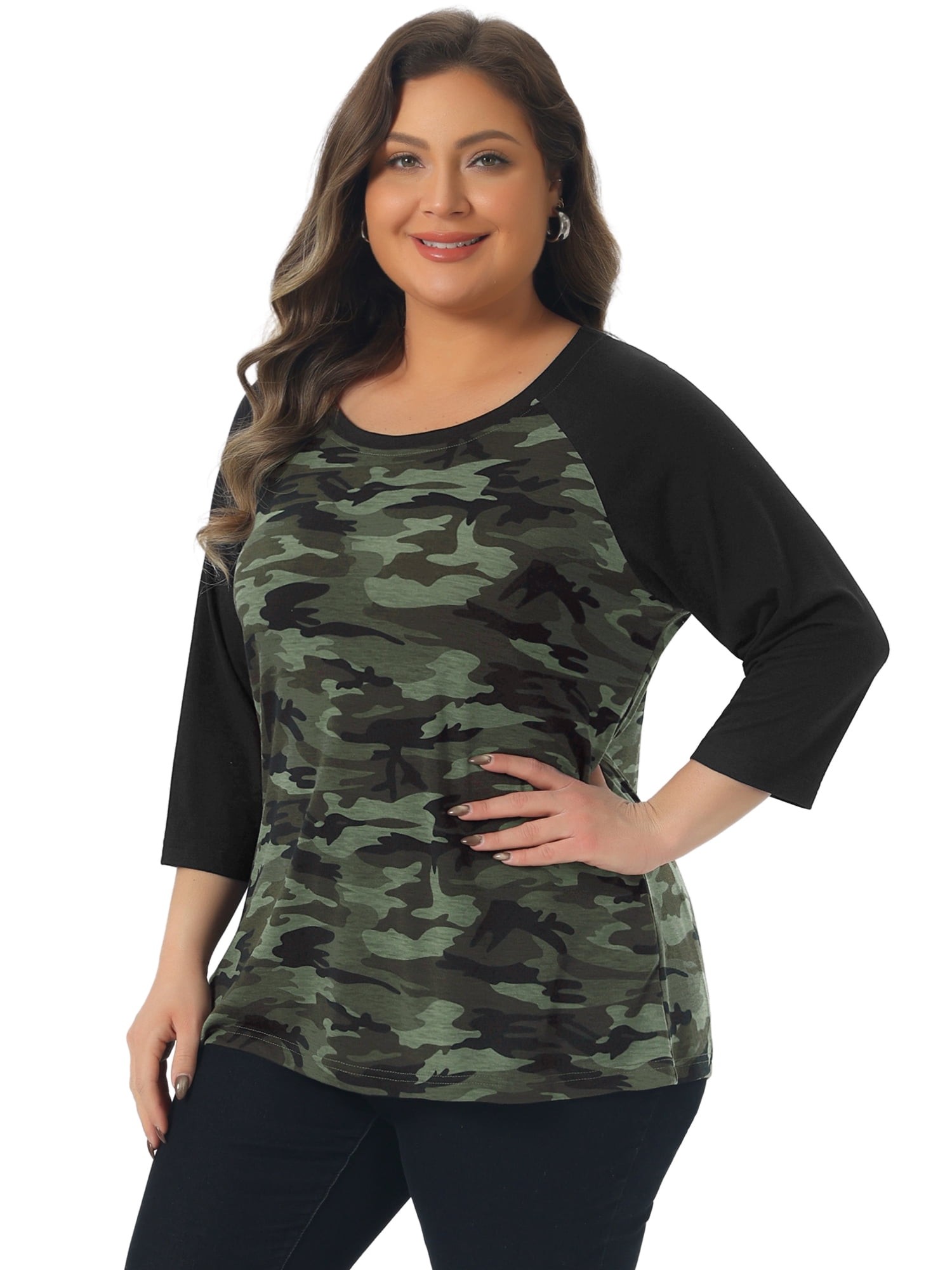 DARING DIVA Women's Plus Size Raglan Crewneck 3/4 Sleeve Floral Tunic Tee 1X Camouflage