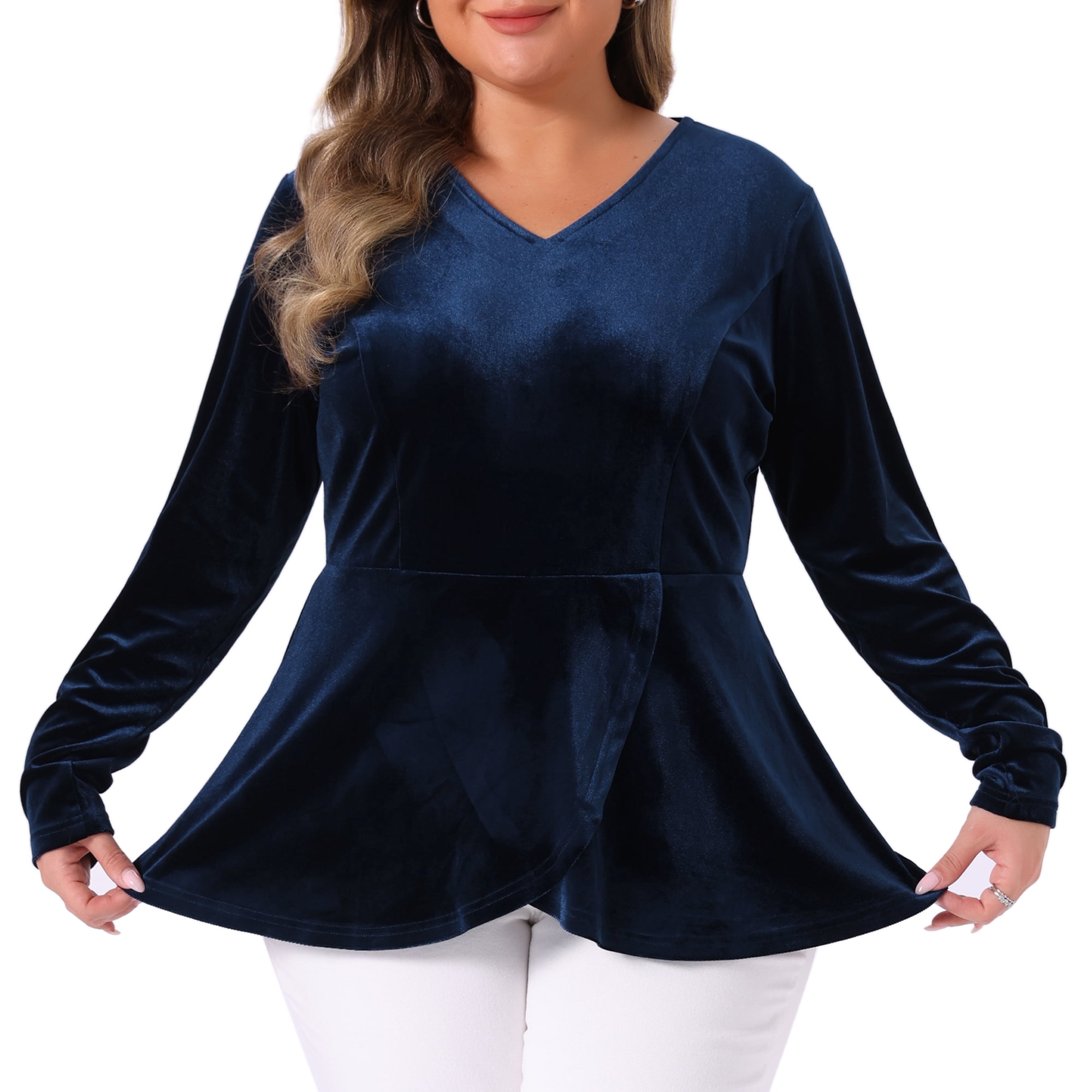 DARING DIVA Women's Plus Size Retro Velvet Tulip Hem Long Sleeve Blouse 1X Dark Blue