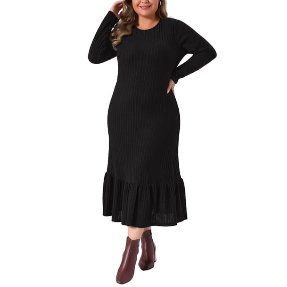 DARING DIVA Women's Plus Size Ribbed Knit Long Sleeve Ruffled Hem Midi Dress 2X Black