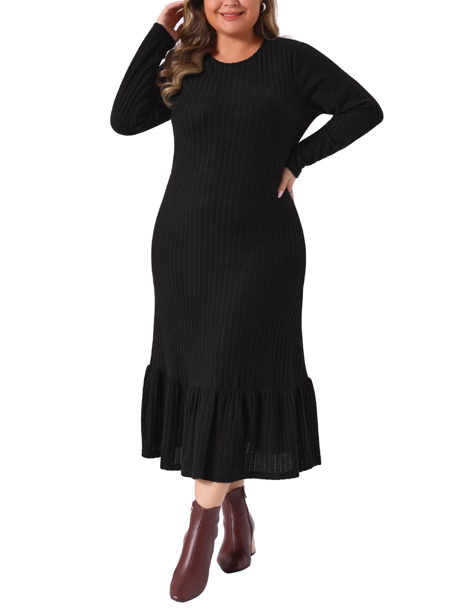 DARING DIVA Women's Plus Size Ribbed Knit Long Sleeve Ruffled Hem Midi Dress 3X Black