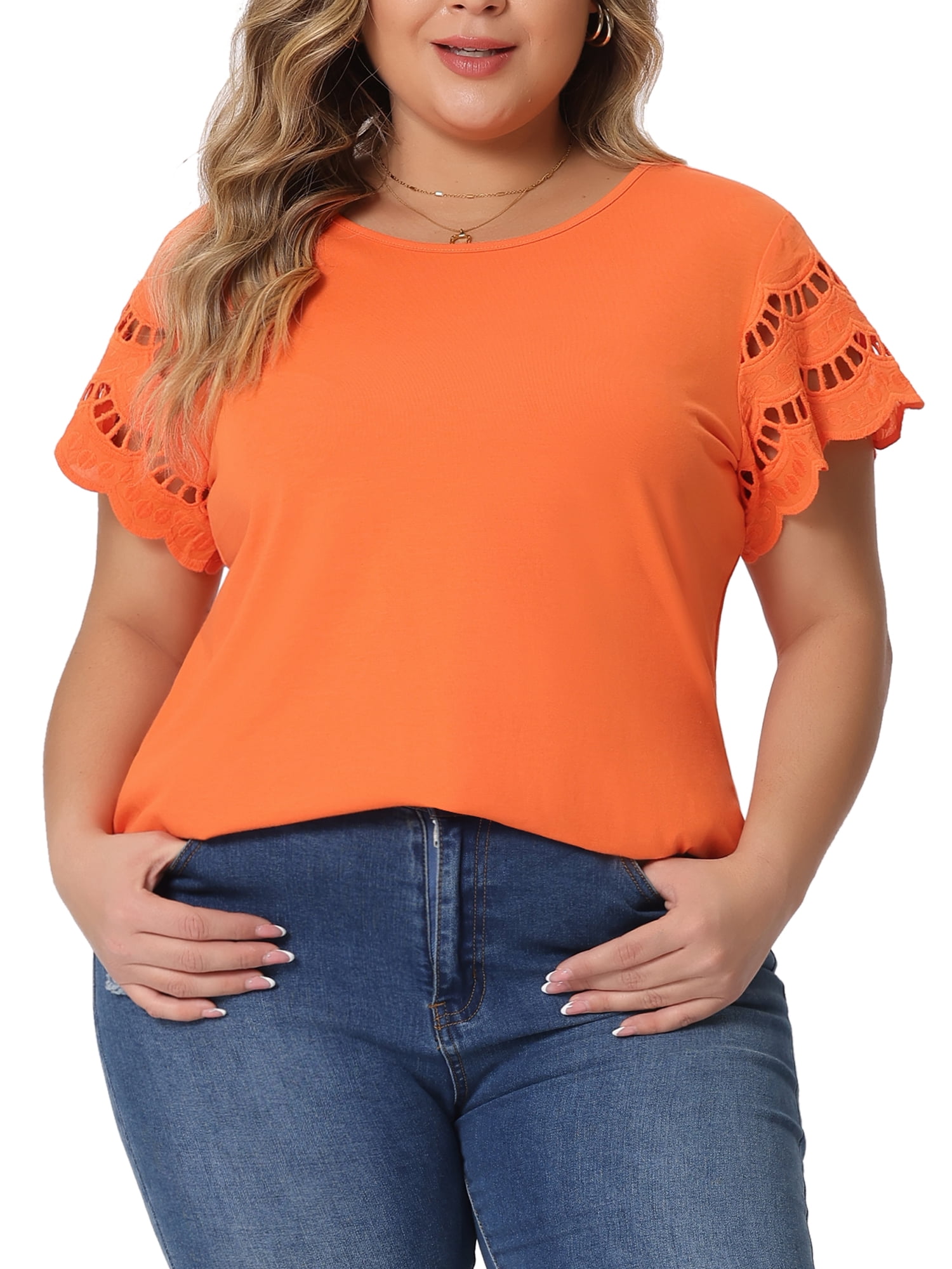 DARING DIVA Women's Plus Size Round Neck Lace Panel Blouses 2X Orange