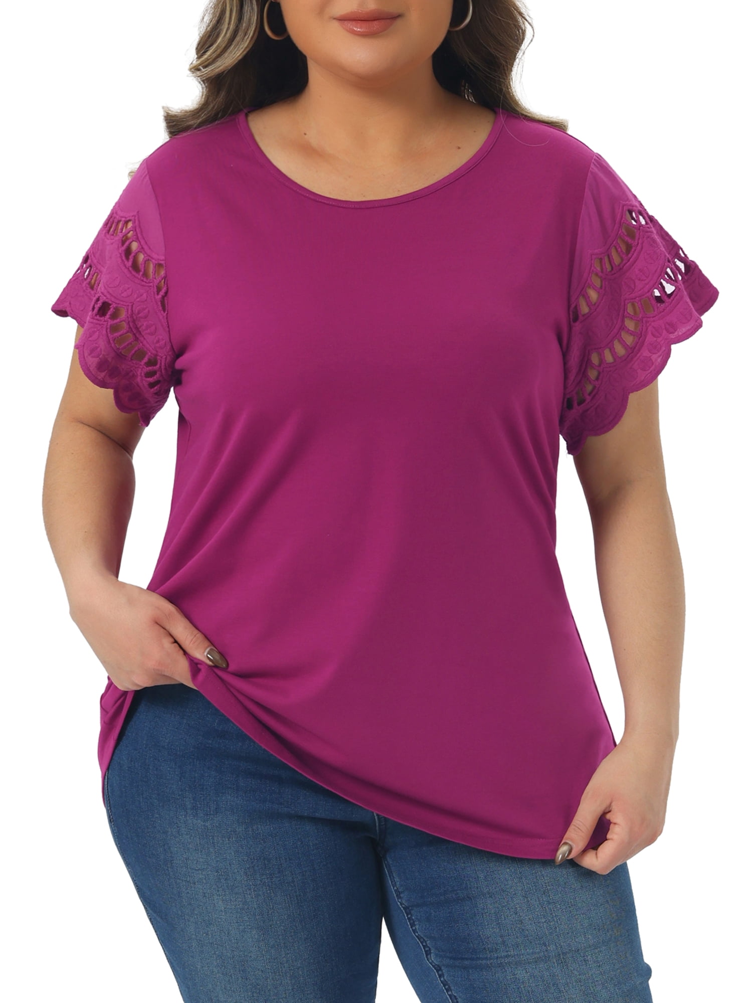 DARING DIVA Women's Plus Size Round Neck Lace Panel Blouses 3X Dark Purple