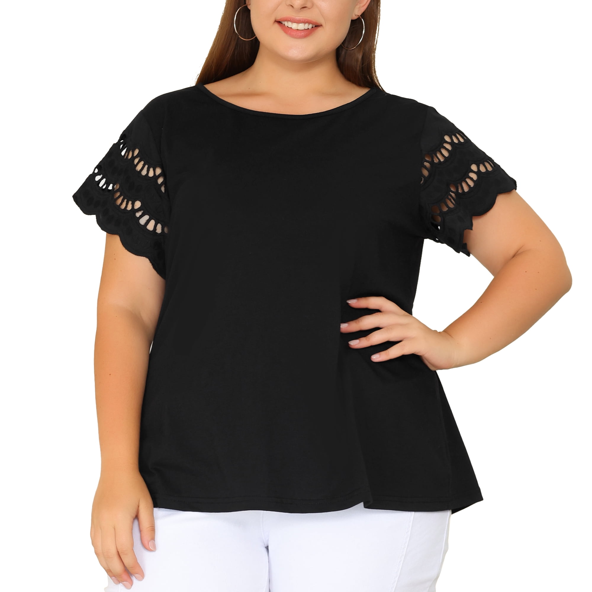 DARING DIVA Women's Plus Size Round Neck Lace Panel Blouses 5X Black