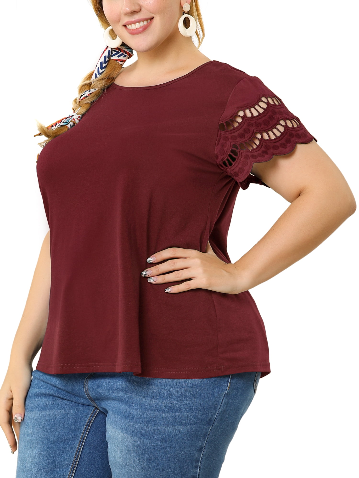 DARING DIVA Women's Plus Size Round Neck Lace Panel Blouses L Wine Red