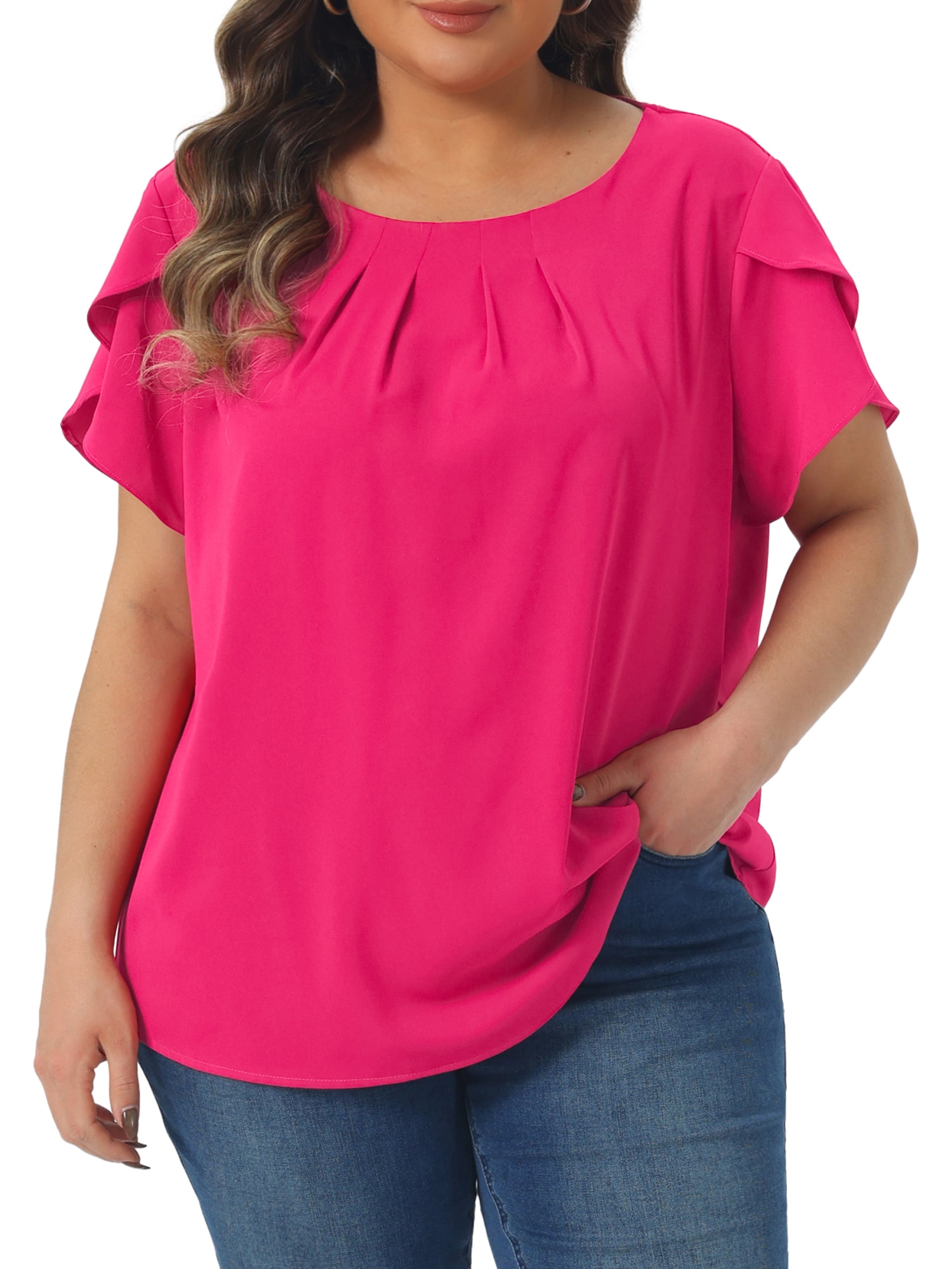 DARING DIVA Women's Plus Size Round Neck Pleated Tulip Sleeve Shirt Blouse 1X Hot Pink