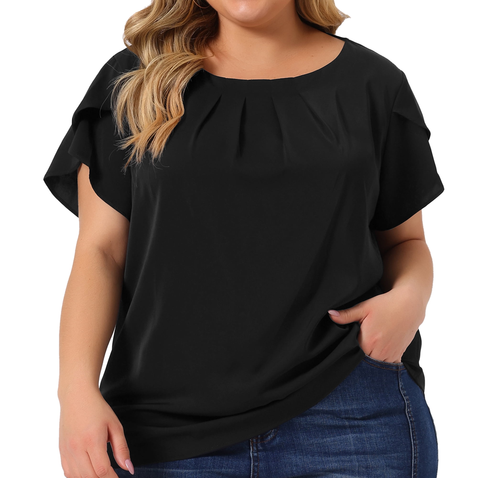 DARING DIVA Women's Plus Size Round Neck Pleated Tulip Sleeve Shirt Blouse 6X Black