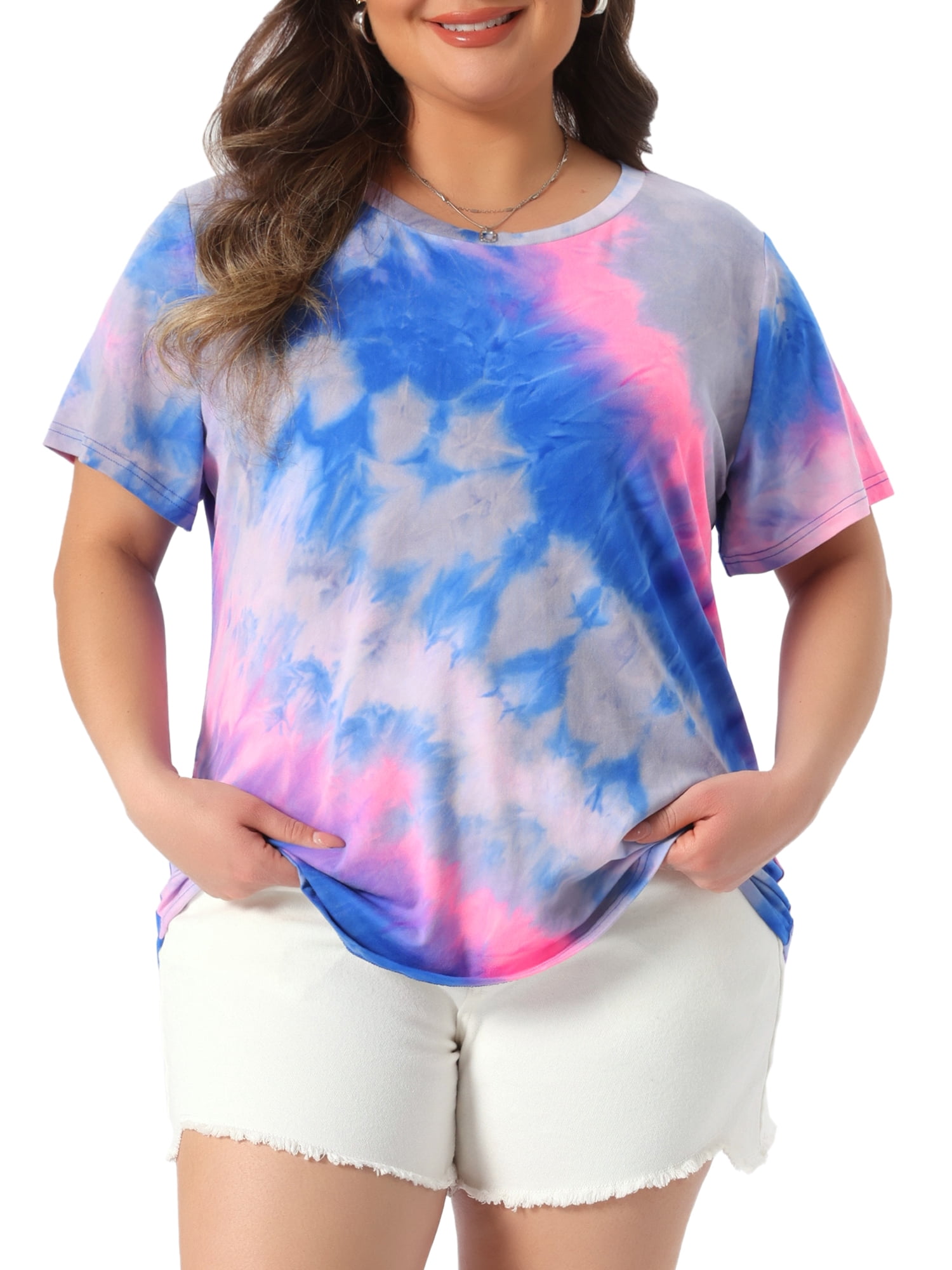 DARING DIVA Women's Plus Size Round Neck Short Sleeve Tie Dye Tops 3X Pink Blue