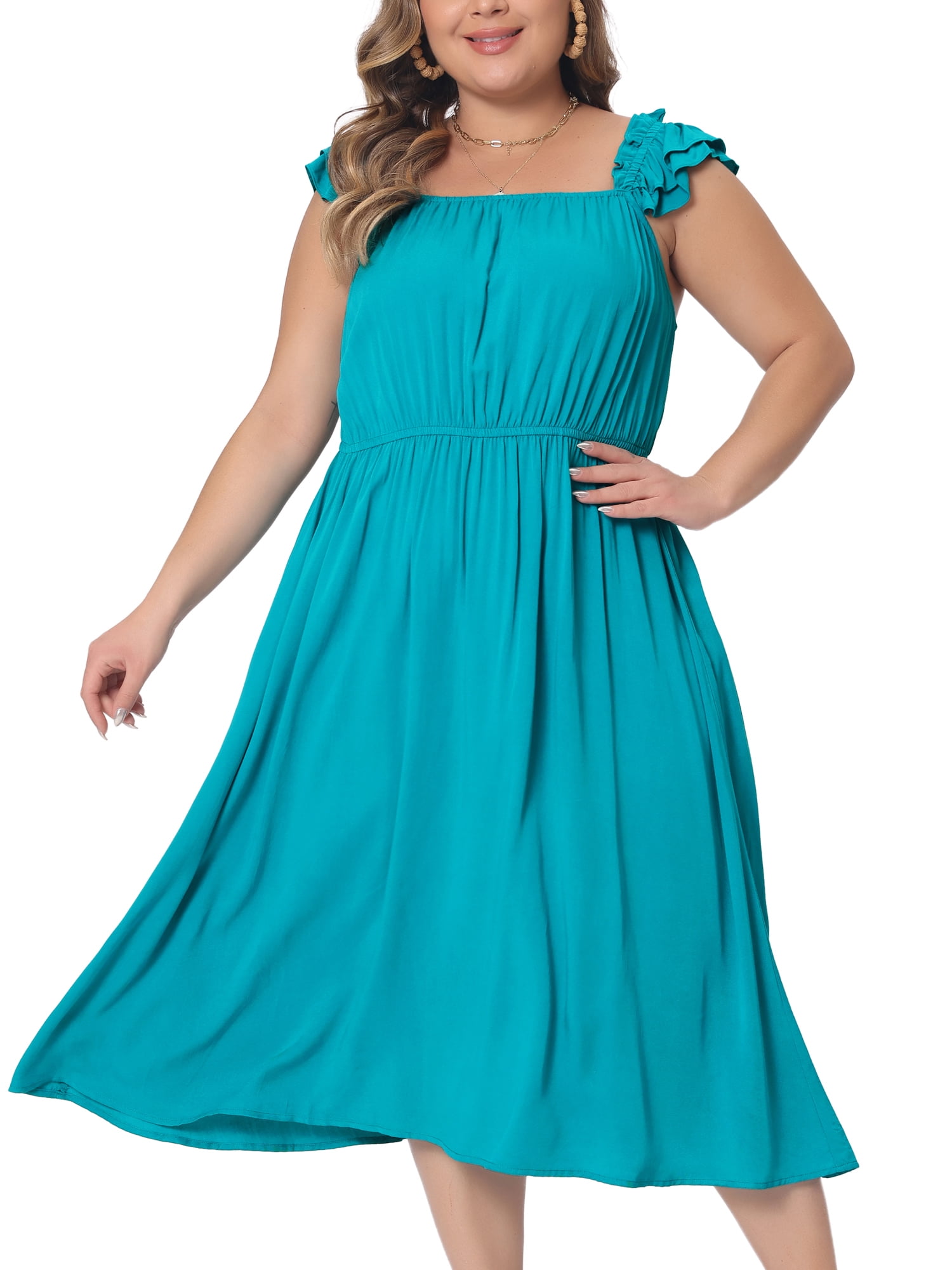 DARING DIVA Women's Plus Size Ruffle Cap Sleeve Shirred Waist A Line Dress 3X Lake Blue