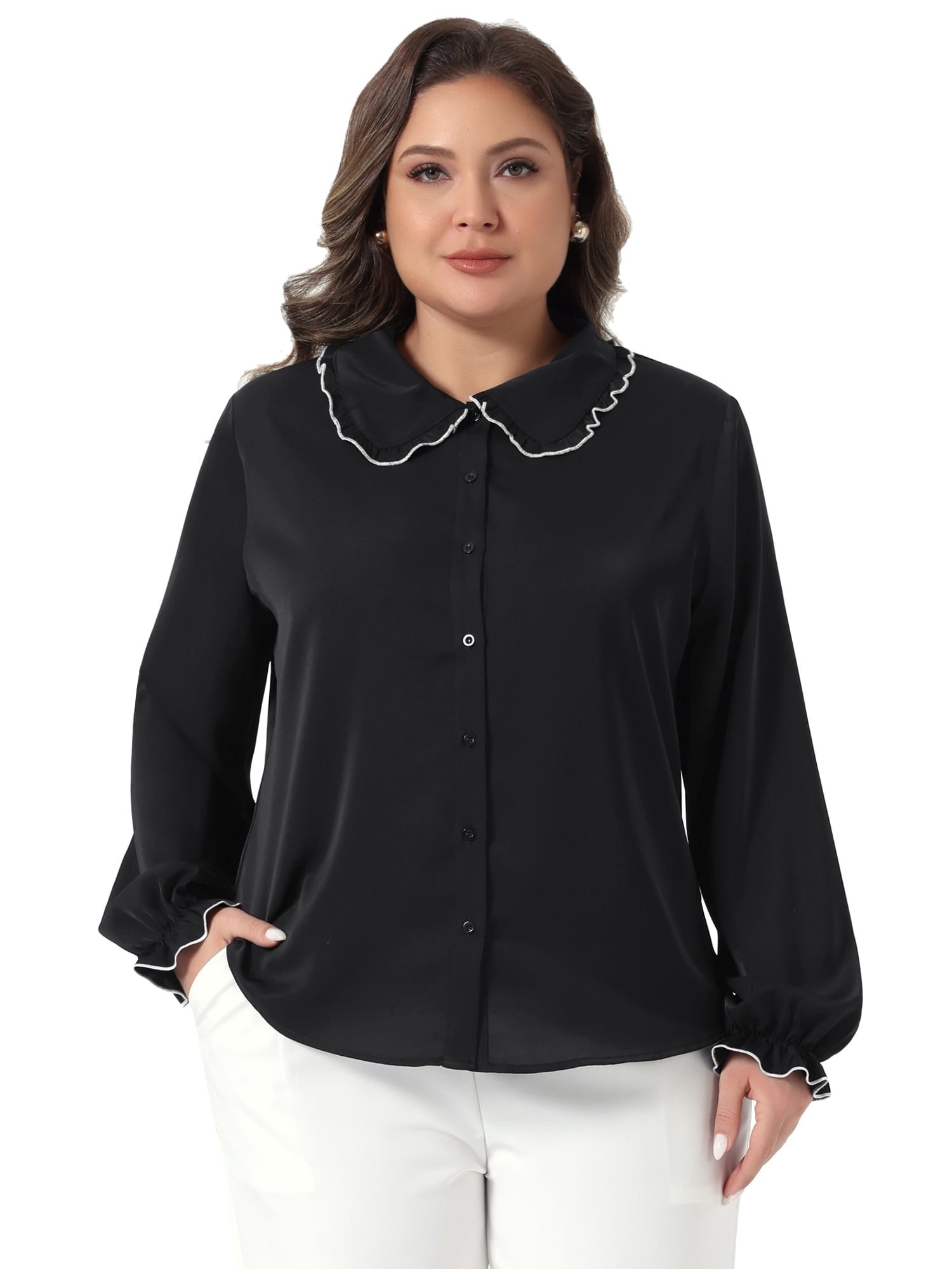 DARING DIVA Women's Plus Size Ruffle Long Sleeves Panper Pan Tops 2X Black