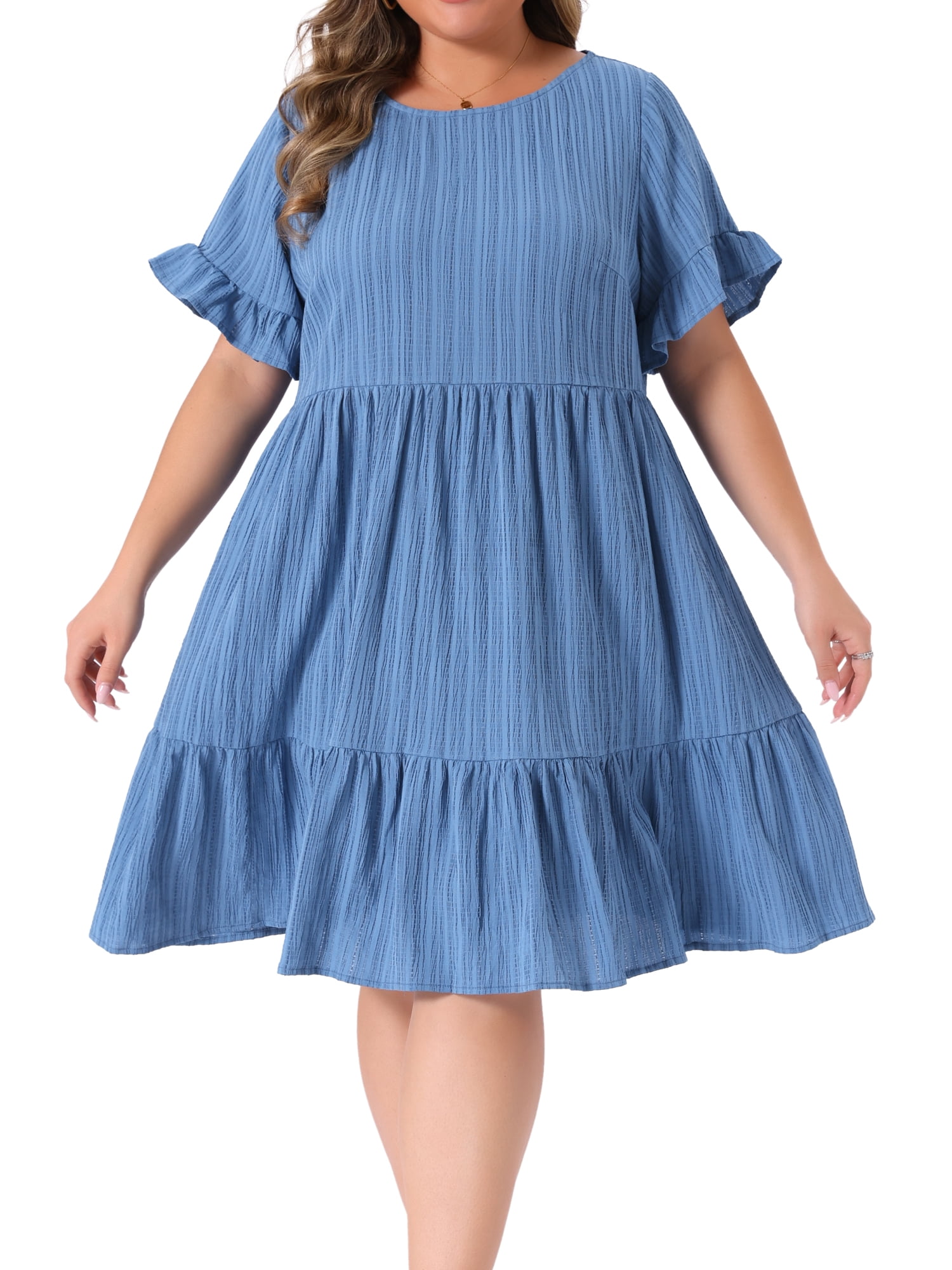 DARING DIVA Women's Plus Size Ruffle Short Sleeve A Line Midi Casual Dress 3X Gray Blue