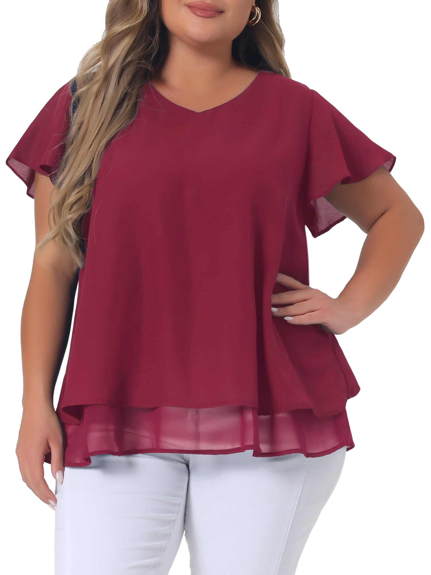 DARING DIVA Women's Plus Size Ruffle Short Sleeve V Neck Chiffon Blouse 1X Burgundy