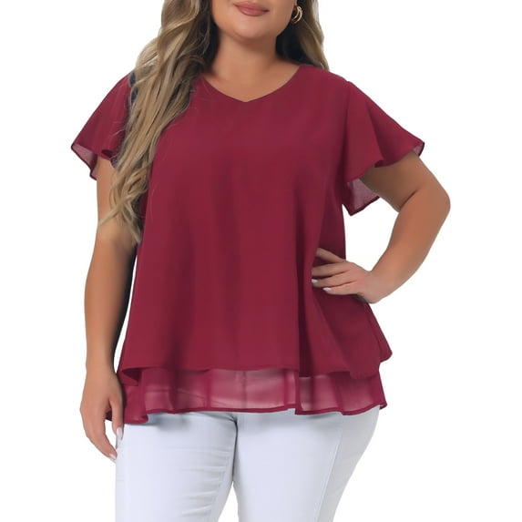 DARING DIVA Women's Plus Size Ruffle Short Sleeve V Neck Chiffon Blouse 2X Burgundy