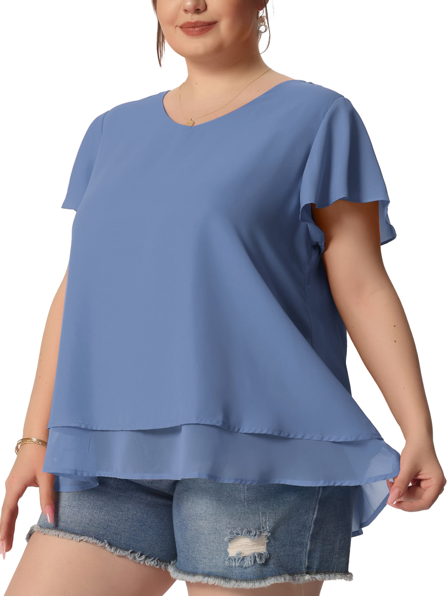 DARING DIVA Women's Plus Size Ruffle Short Sleeve V Neck Chiffon Blouse 4X Grey Blue