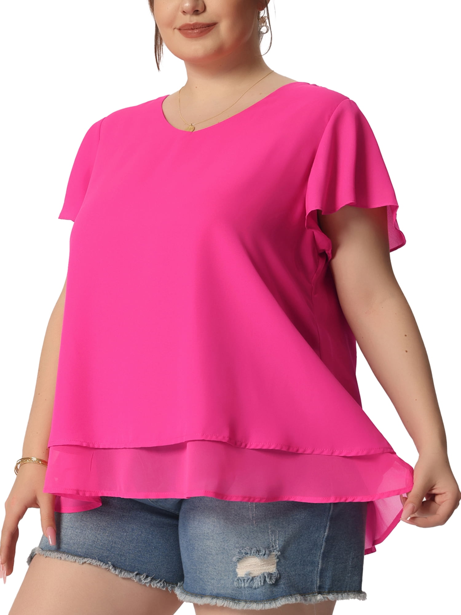 DARING DIVA Women's Plus Size Ruffle Short Sleeve V Neck Chiffon Blouse 5X Hot Pink