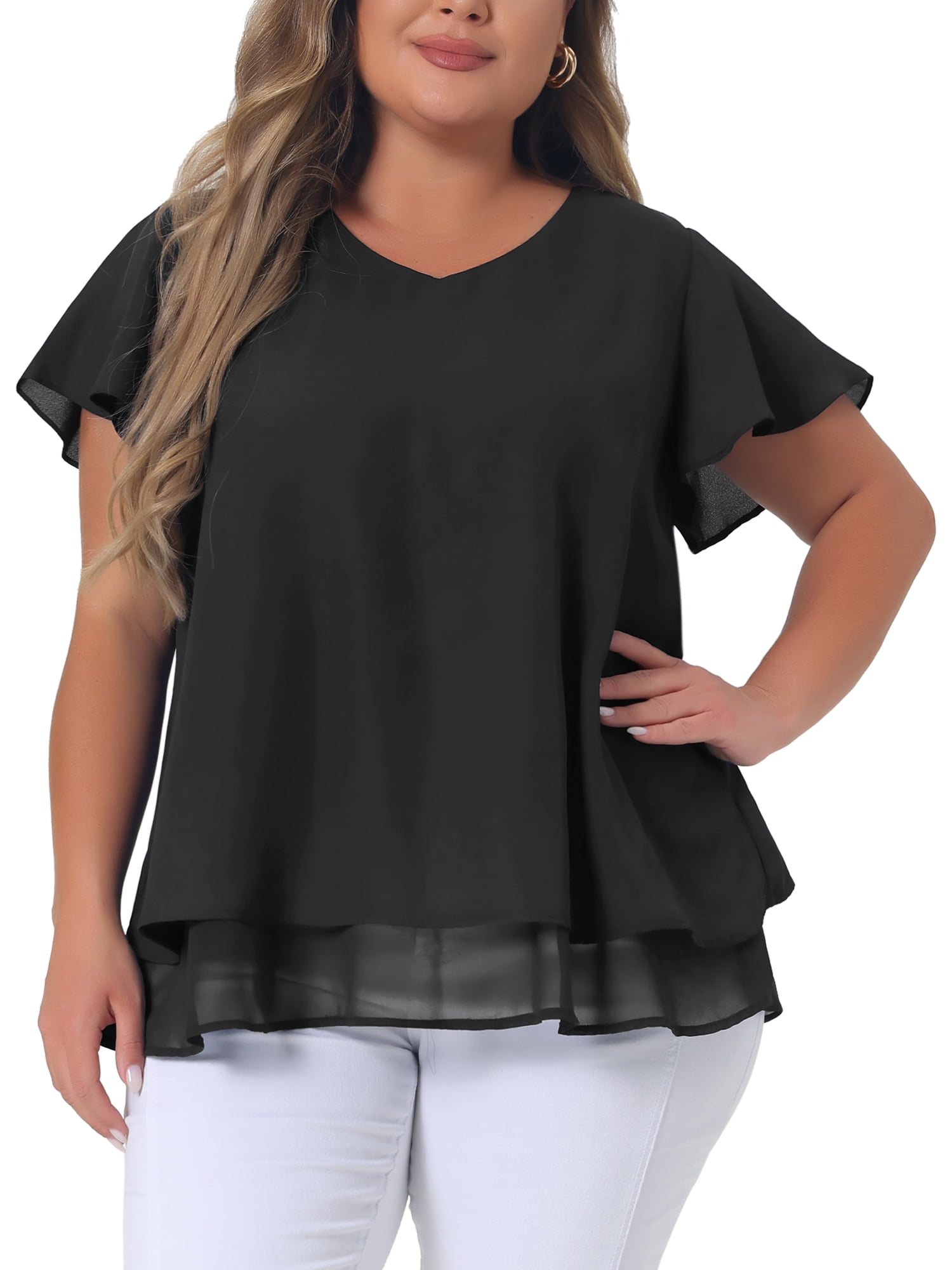 DARING DIVA Women's Plus Size Ruffle Short Sleeve V Neck Chiffon Blouse 6X Black