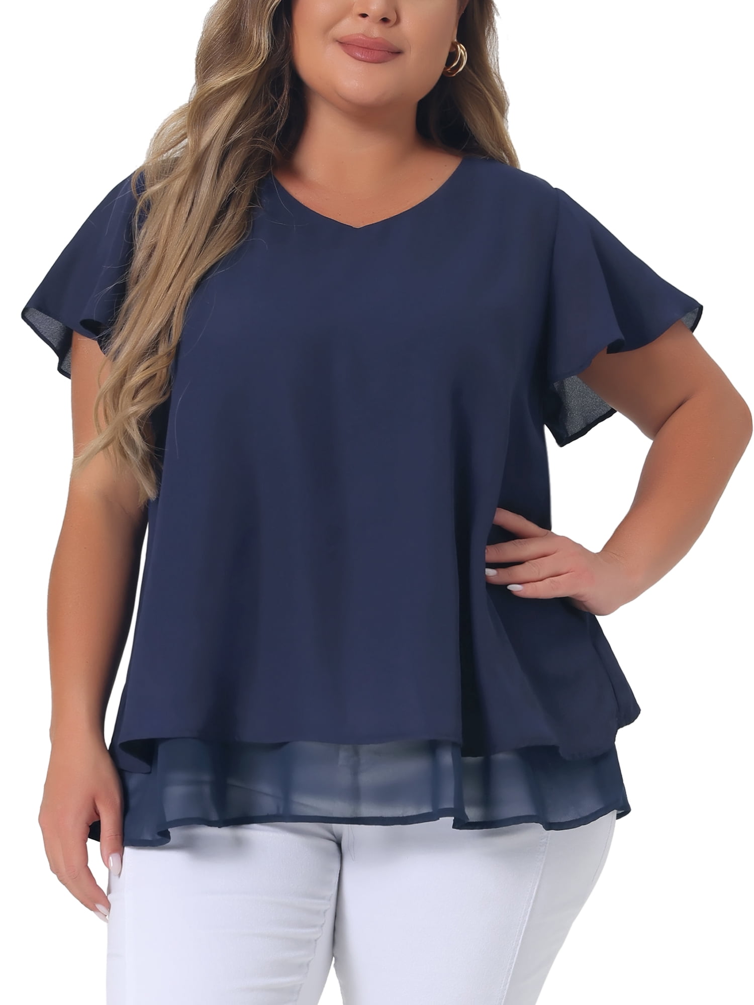 DARING DIVA Women's Plus Size Ruffle Short Sleeve V Neck Chiffon Blouse L Navy Blue
