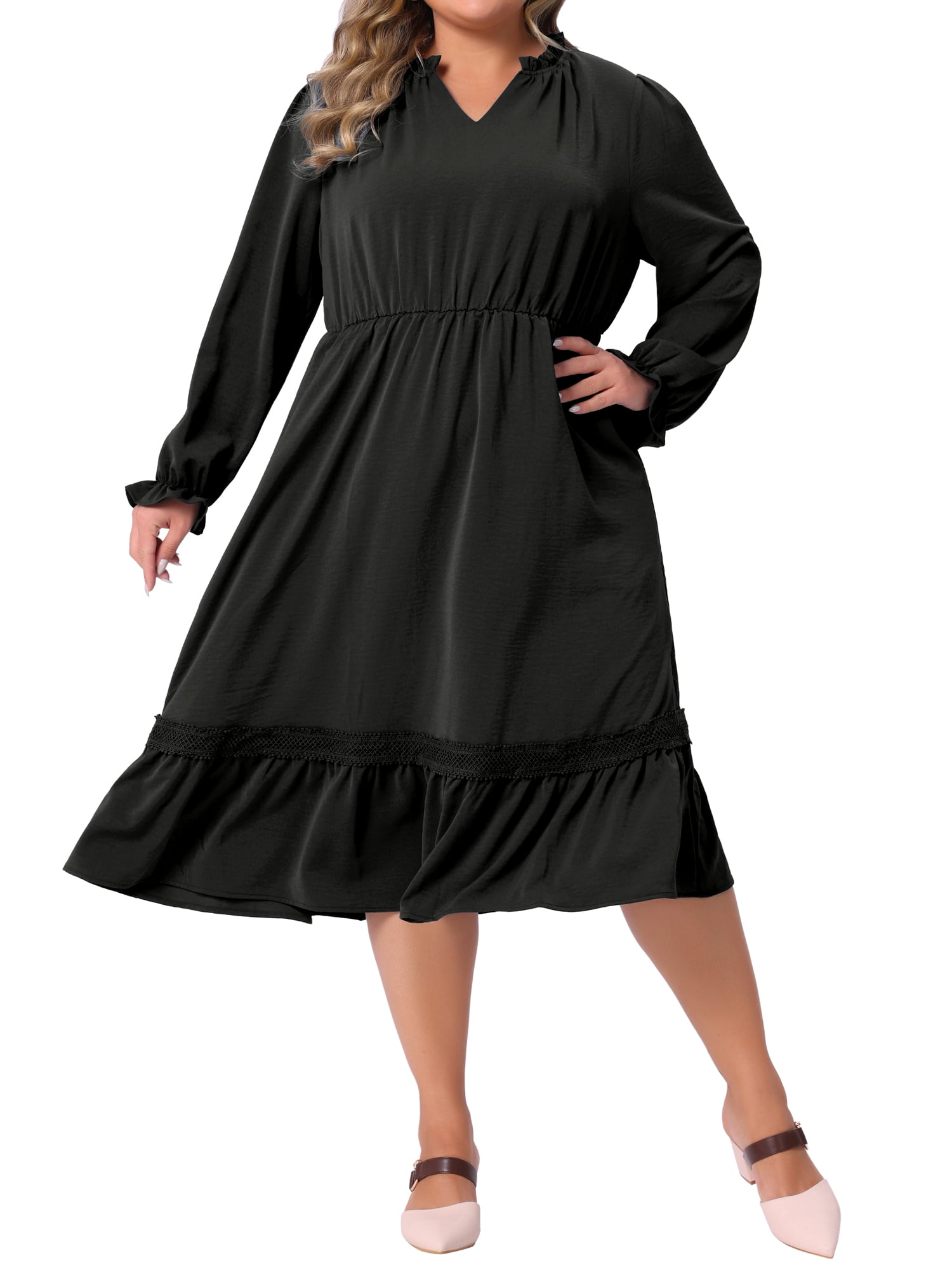 DARING DIVA Women's Plus Size Ruffle V Neck Long Sleeve Midi Casual Dress 4X Black