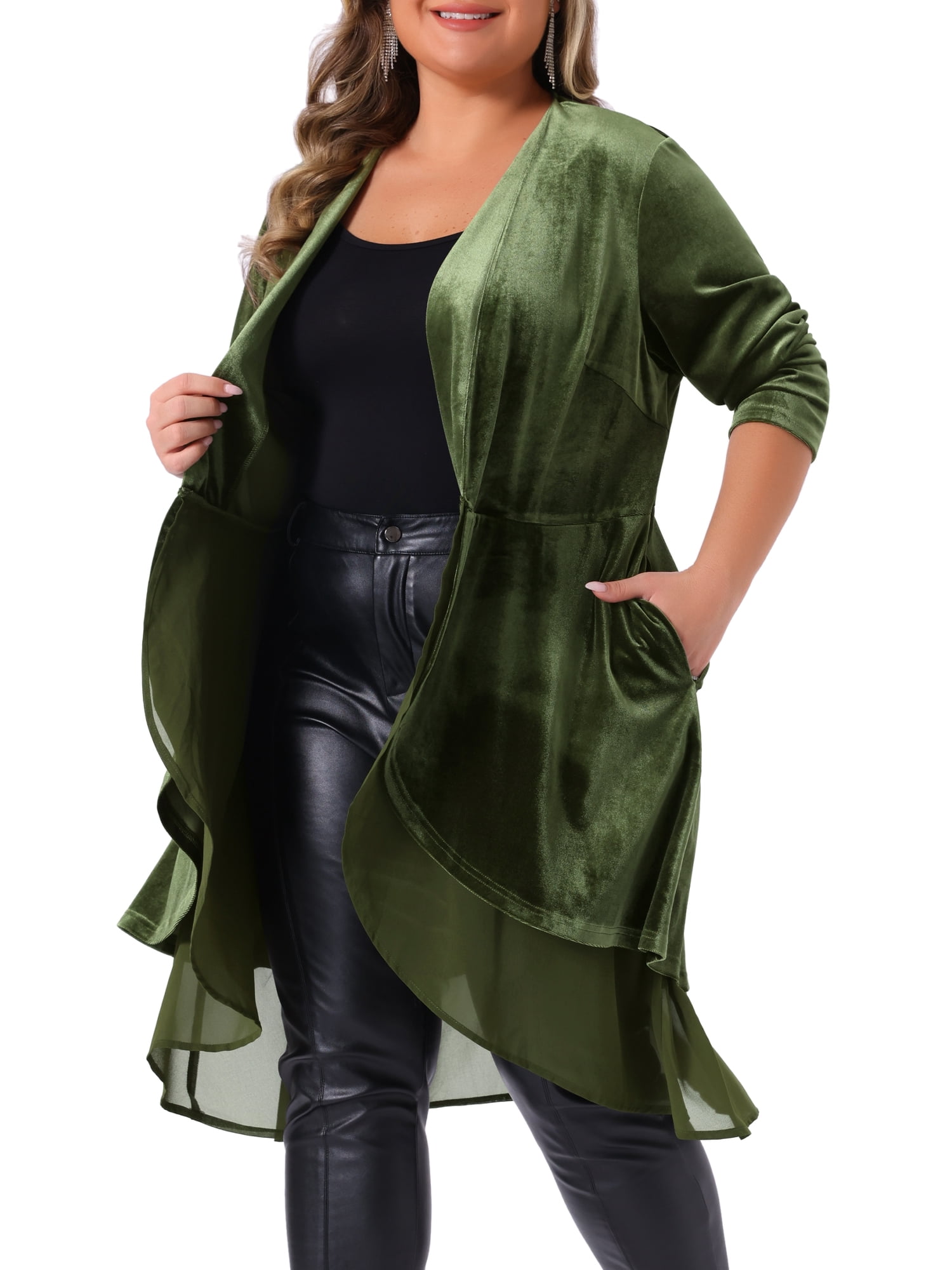DARING DIVA Women's Plus Size Ruffled Asymmetric Open Front Velvet Jackets 1X Army Green