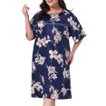 thumbnail image 1 of DARING DIVA Women's Plus Size Satin Floral Short Sleeve Round Neck Nightgown 1X Navy Blue, 1 of 6