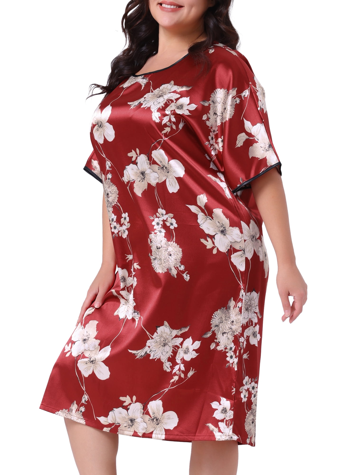 DARING DIVA Women's Plus Size Satin Floral Short Sleeve Round Neck Nightgown 1X Red
