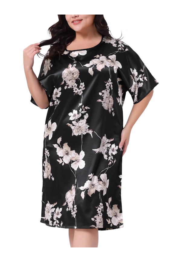 Women's Plus Size Satin Floral Short Sleeve Round Neck Nightgown 2X Black