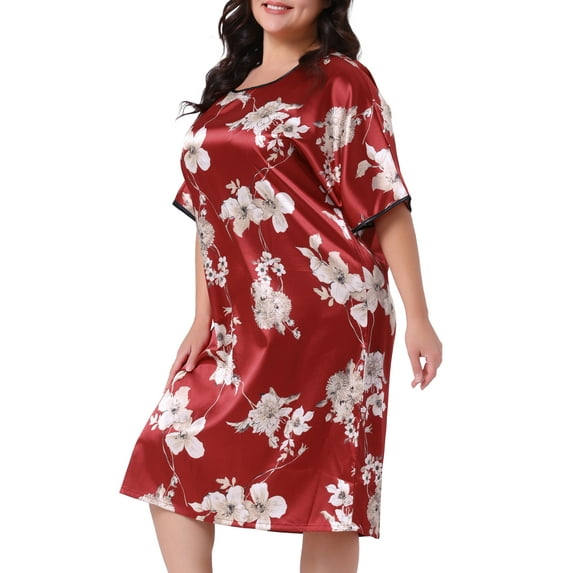 DARING DIVA Women's Plus Size Satin Floral Short Sleeve Round Neck Nightgown 2X Red