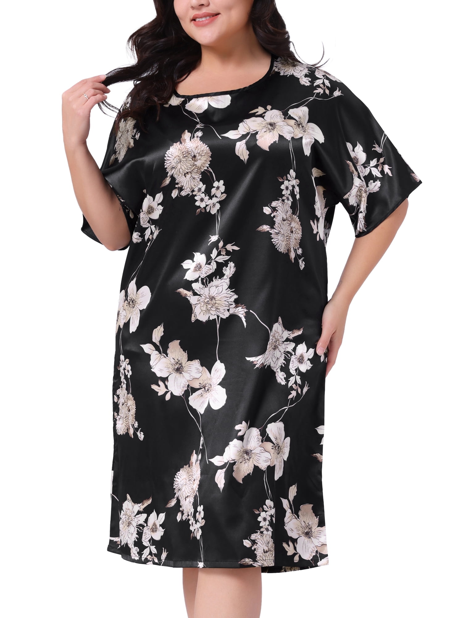 DARING DIVA Women's Plus Size Satin Floral Short Sleeve Round Neck Nightgown 4X Black