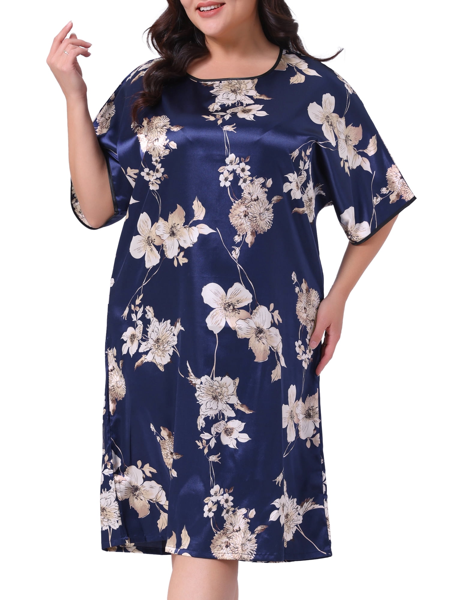 DARING DIVA Women's Plus Size Satin Floral Short Sleeve Round Neck Nightgown 4X Navy Blue