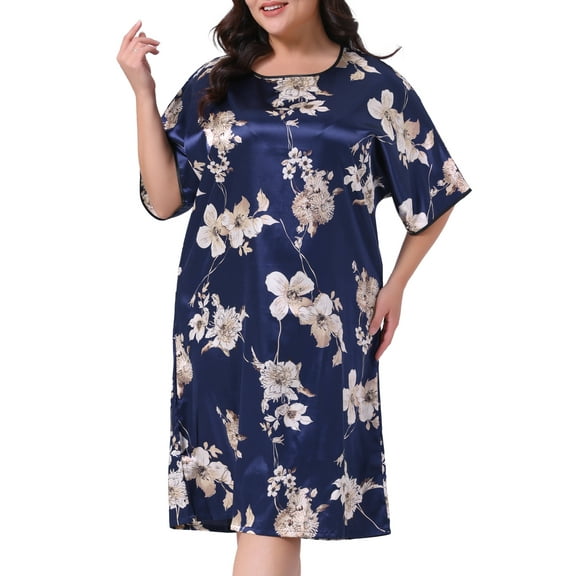 DARING DIVA Women's Plus Size Satin Floral Short Sleeve Round Neck Nightgown 4X Navy Blue