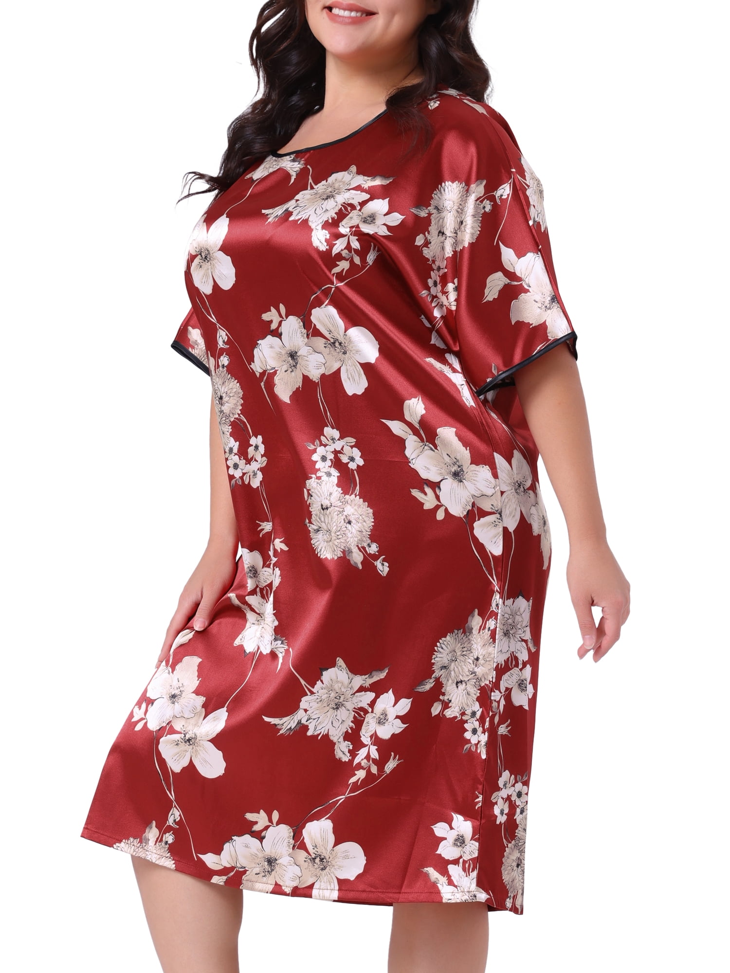 DARING DIVA Women's Plus Size Satin Floral Short Sleeve Round Neck Nightgown 4X Red