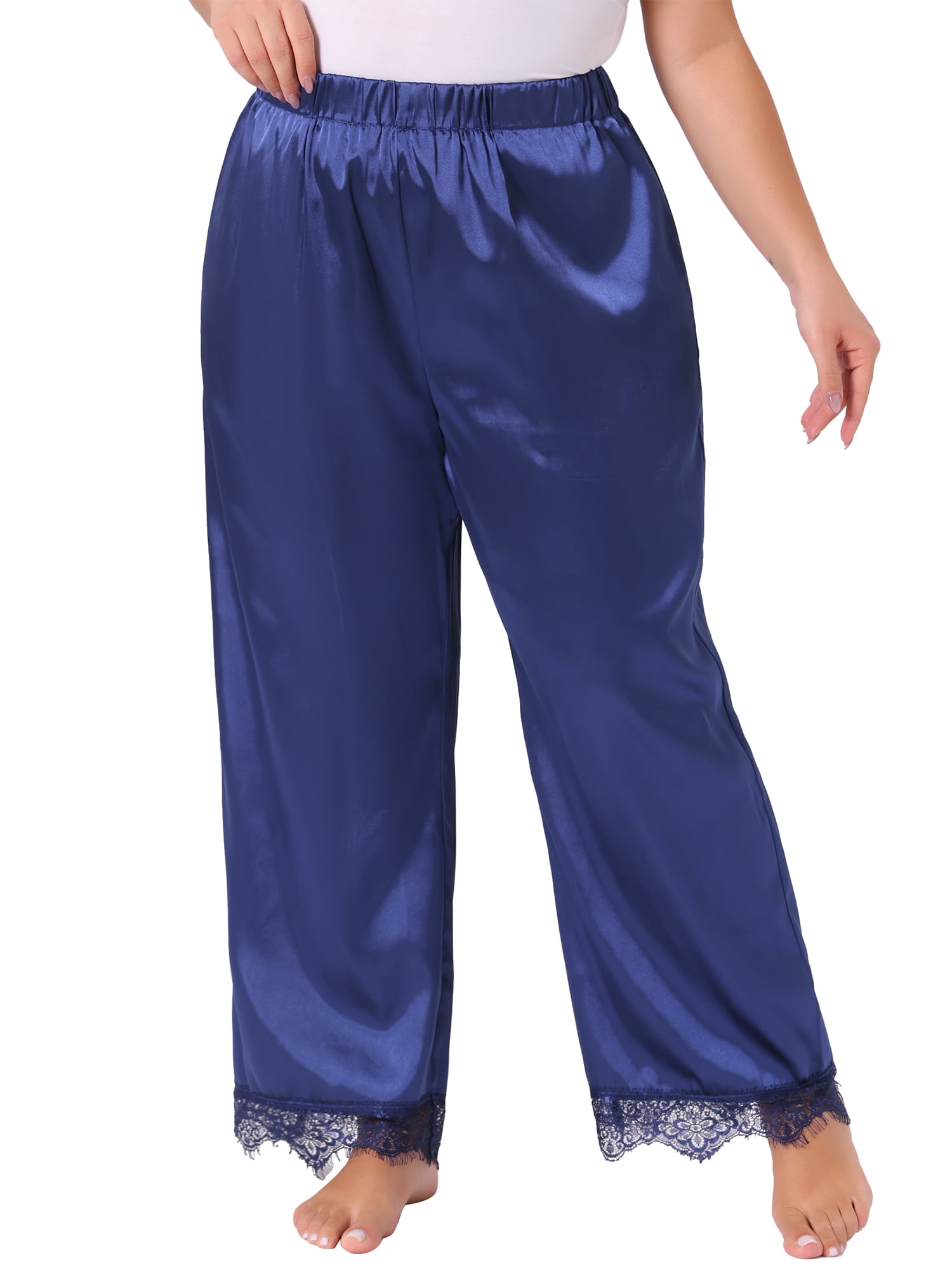 DARING DIVA Women's Plus Size Satin Lace Trim Elastic Sleepwear Pajama Pants 1X Royal Blue