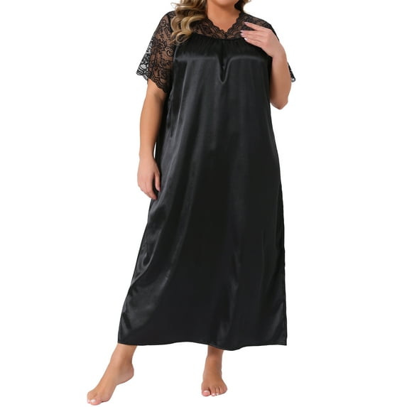 DARING DIVA Women's Plus Size Satin Short Sleeve Maxi Nightgown 1X Black