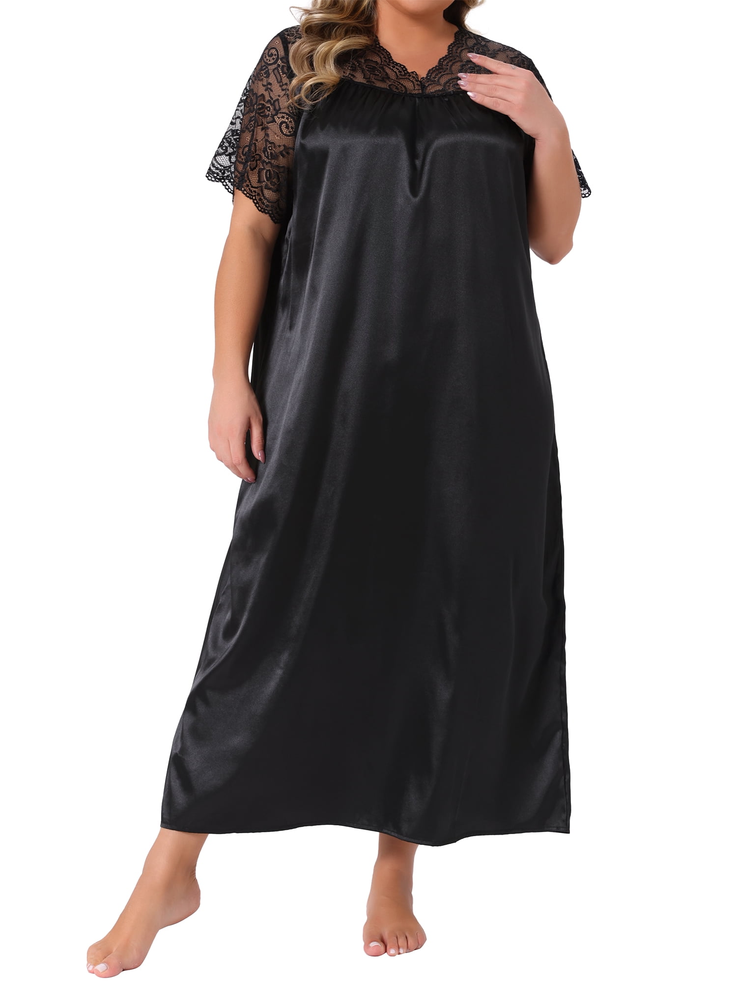 DARING DIVA Women's Plus Size Satin Short Sleeve Maxi  Nightgown 2X Black