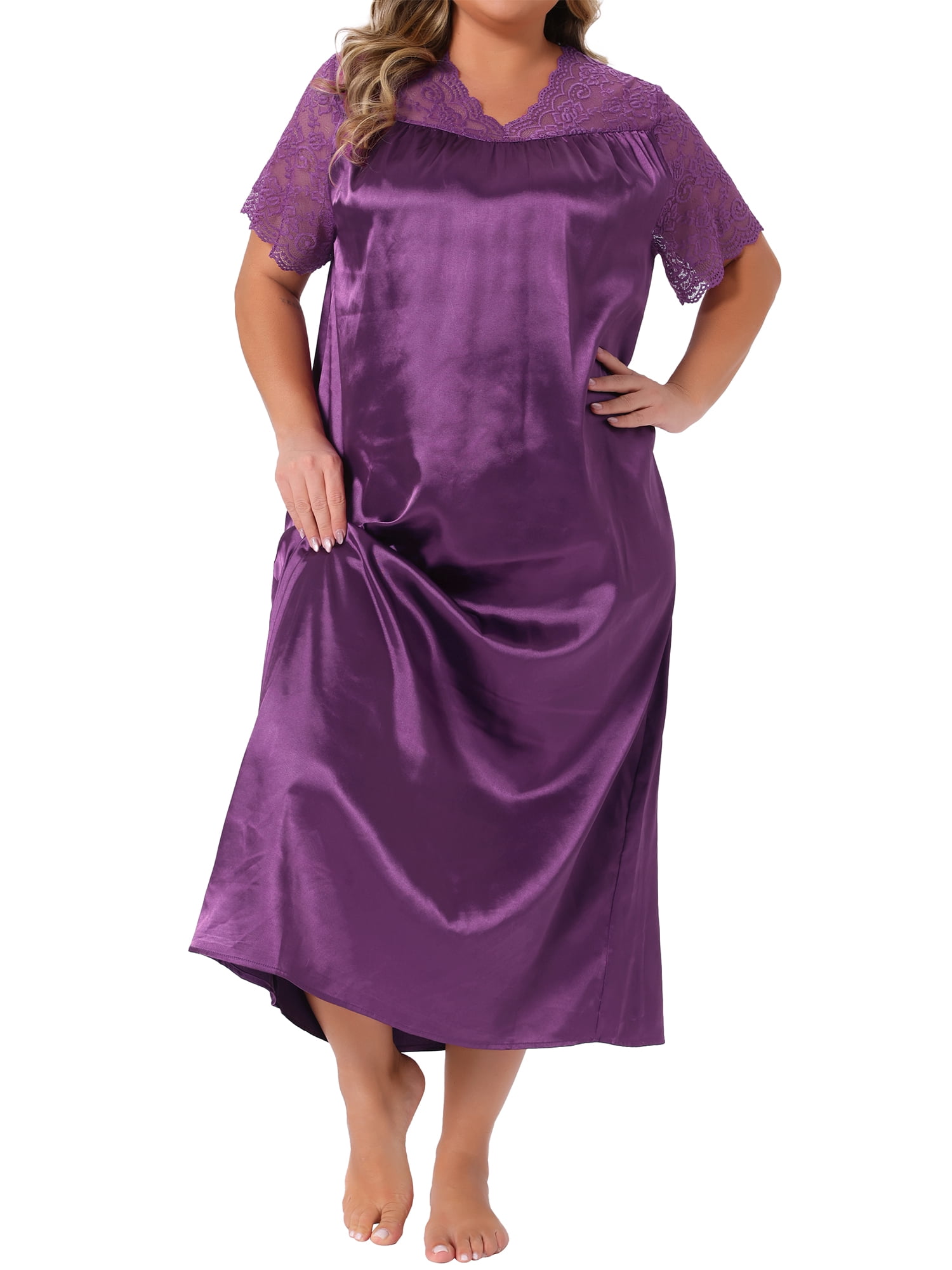 DARING DIVA Women's Plus Size Satin Short Sleeve Maxi  Nightgown 2X Purple