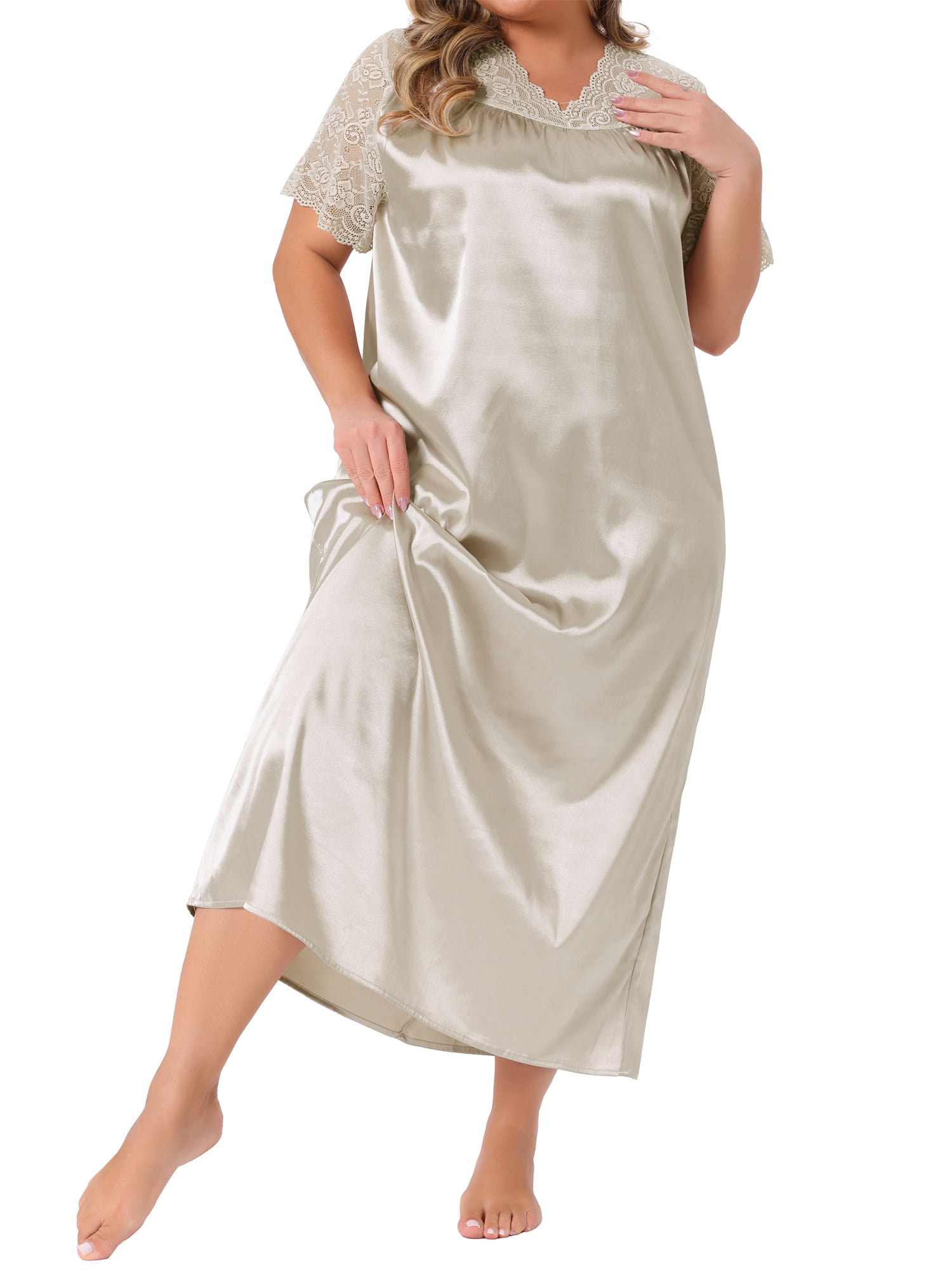 DARING DIVA Women's Plus Size Satin Short Sleeve Maxi  Nightgown 3X Champagne