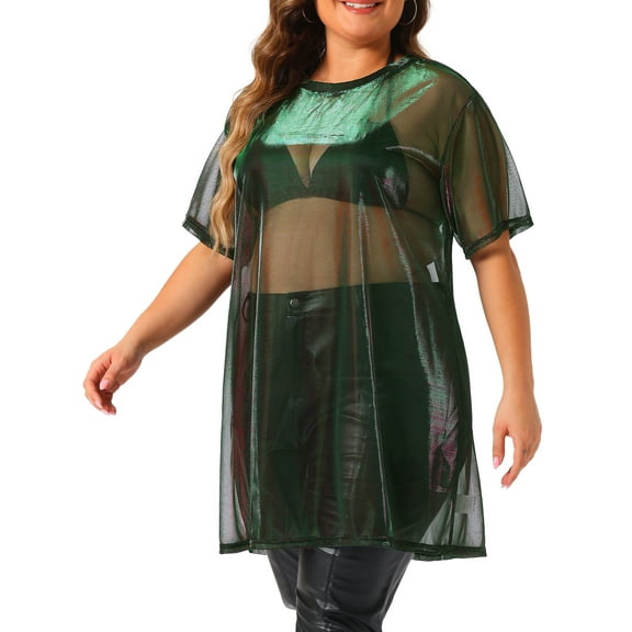 DARING DIVA Women's Plus Size See Through Holographic Long Blouse 1X Purple Green