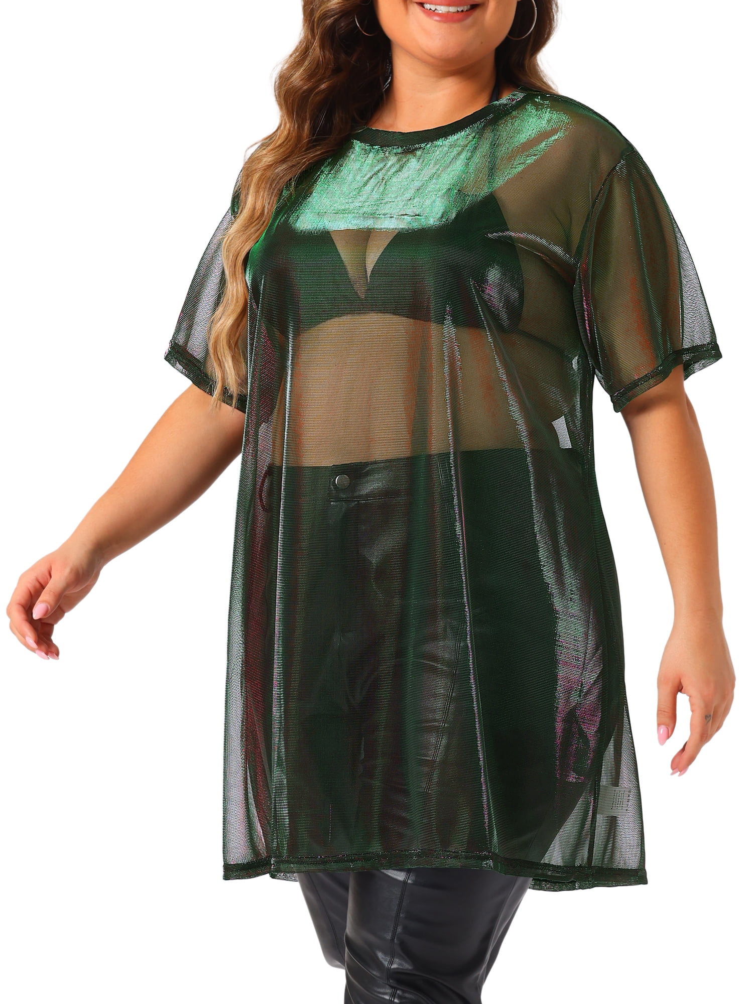 DARING DIVA Women's Plus Size See Through Holographic Long Blouse 3X Purple Green